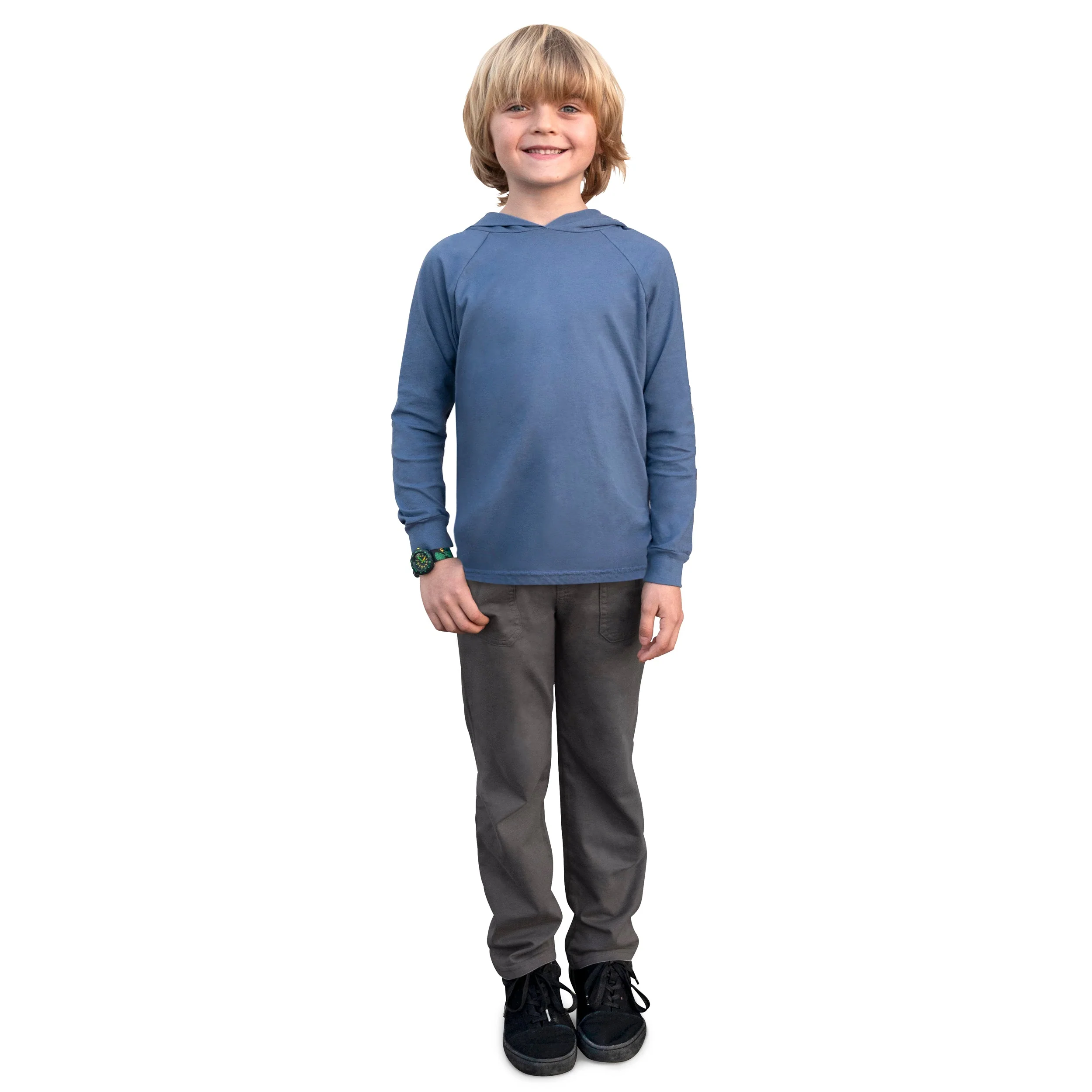 Boys Soft 100% Cotton Medium-Weight Long Sleeve Hooded Tee With Cuffs | Charcoal - Remutear