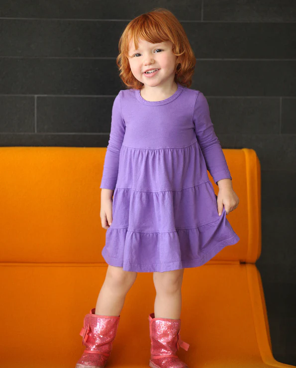 Girls Soft Cotton Jersey Long Sleeve Tiered Dress | Navy - Remutear