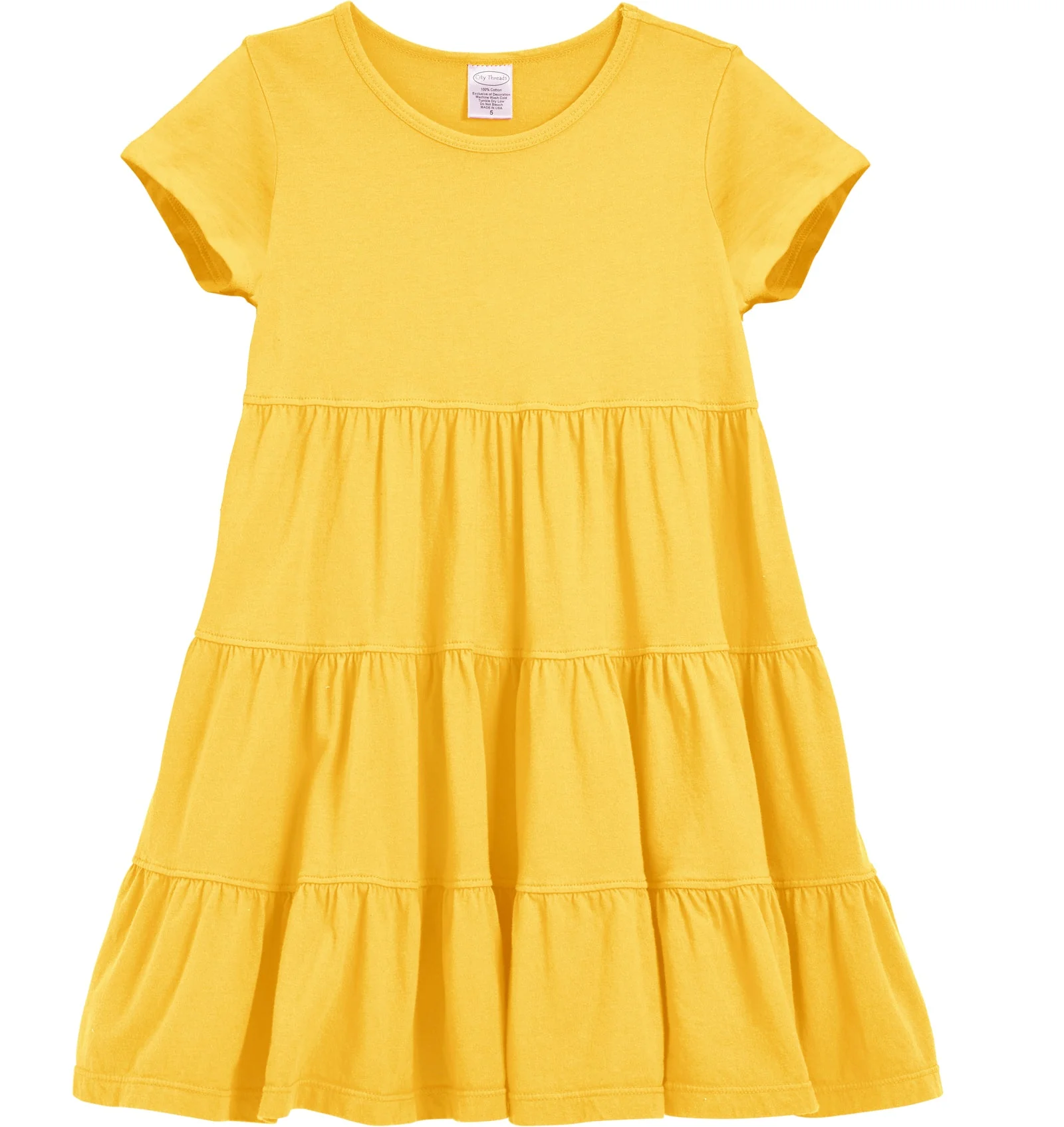 Girls Soft Cotton Jersey Short Sleeve Tiered Dress -Seconds| Damage-Yellow - Remutear