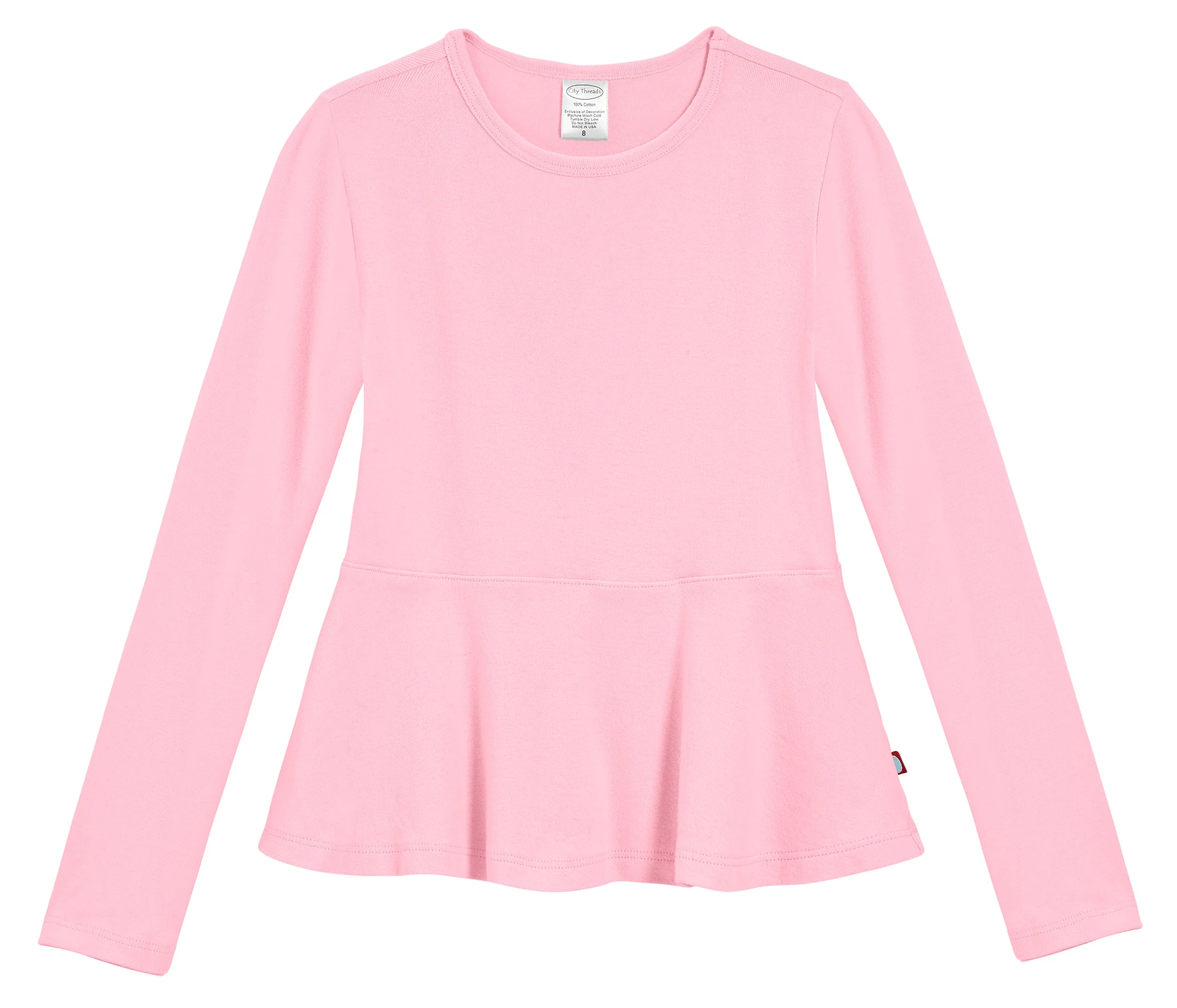 Girls Soft Cotton Long Sleeve Peplum Tee | Pink - Remutear