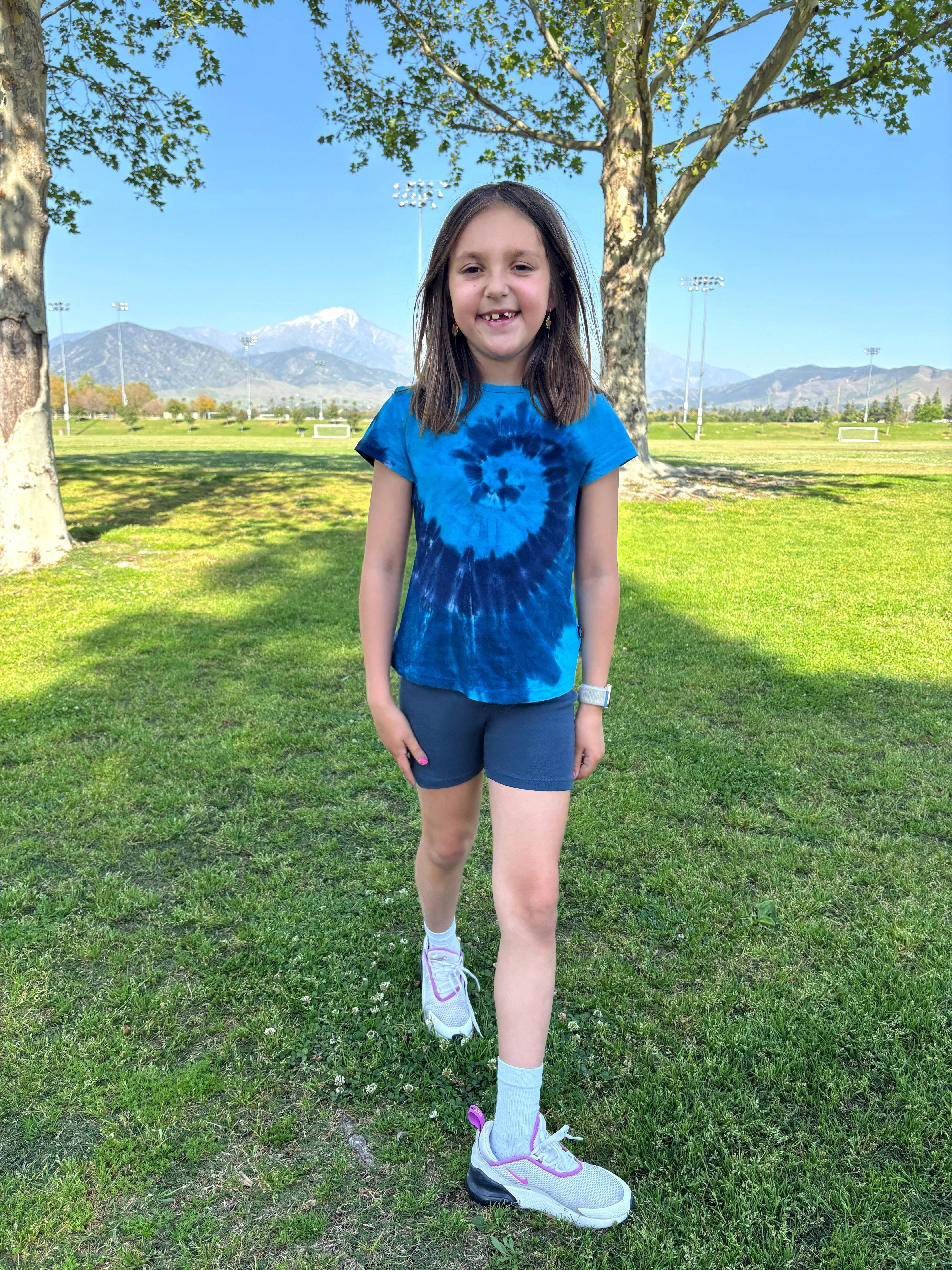 Girls Tie-Dye Soft Organic Cotton Jersey Cap Sleeve Crew Tee | Blues Spiral - Remutear