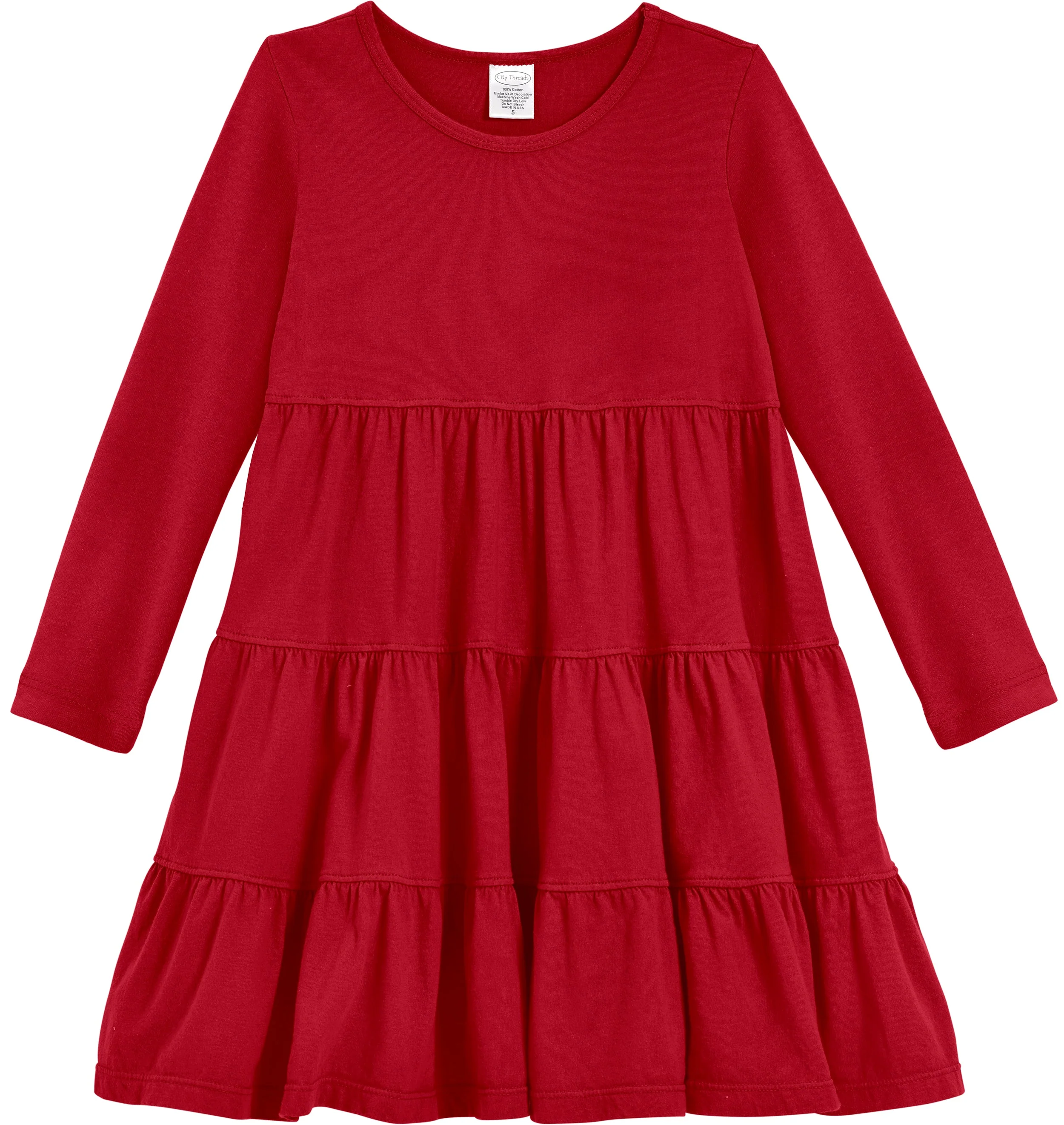 Girls Soft Cotton Jersey Long Sleeve Tiered Dress | Red - Remutear