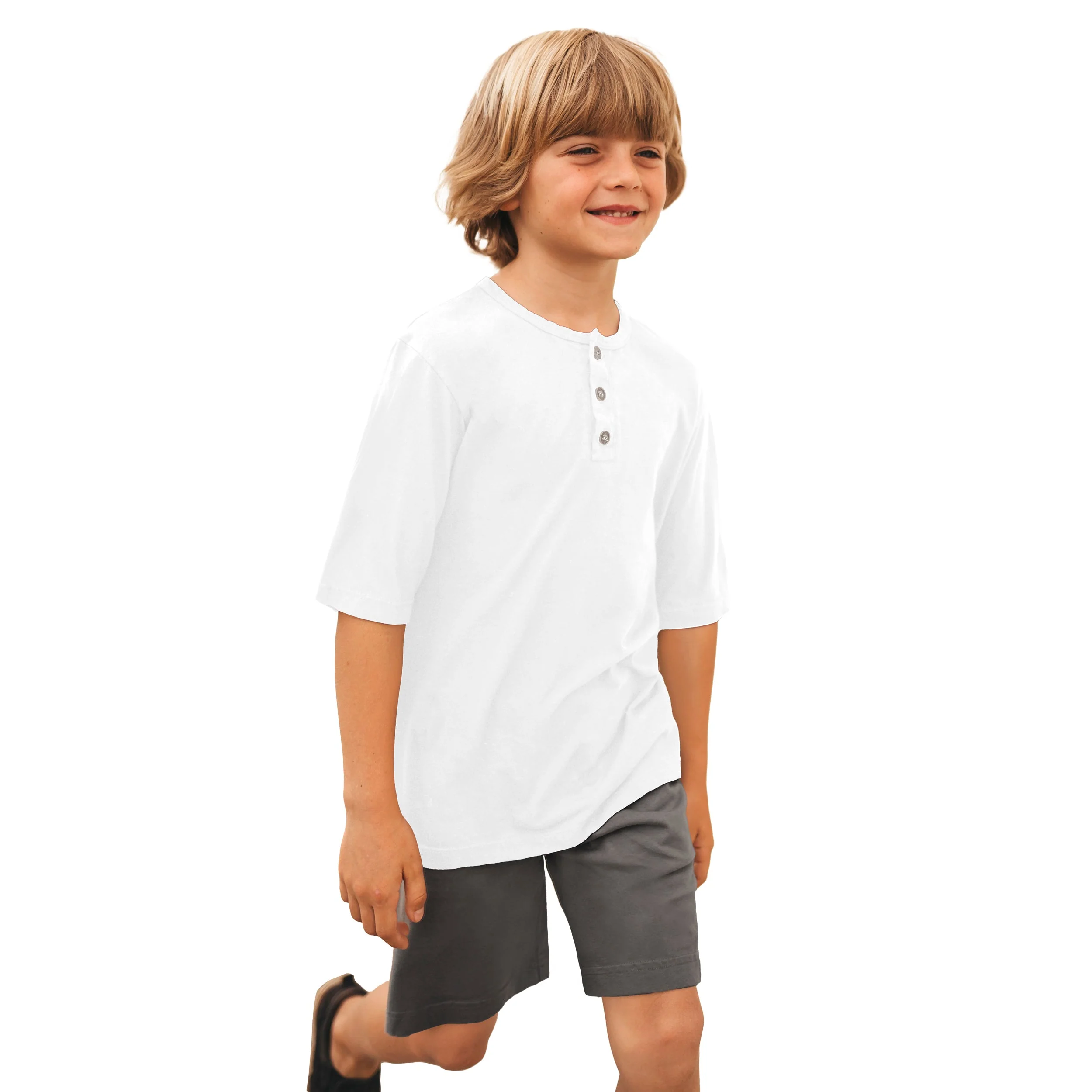 Boys Soft Organic Cotton Jersey Short Sleeve Henley Tee | White - Remutear