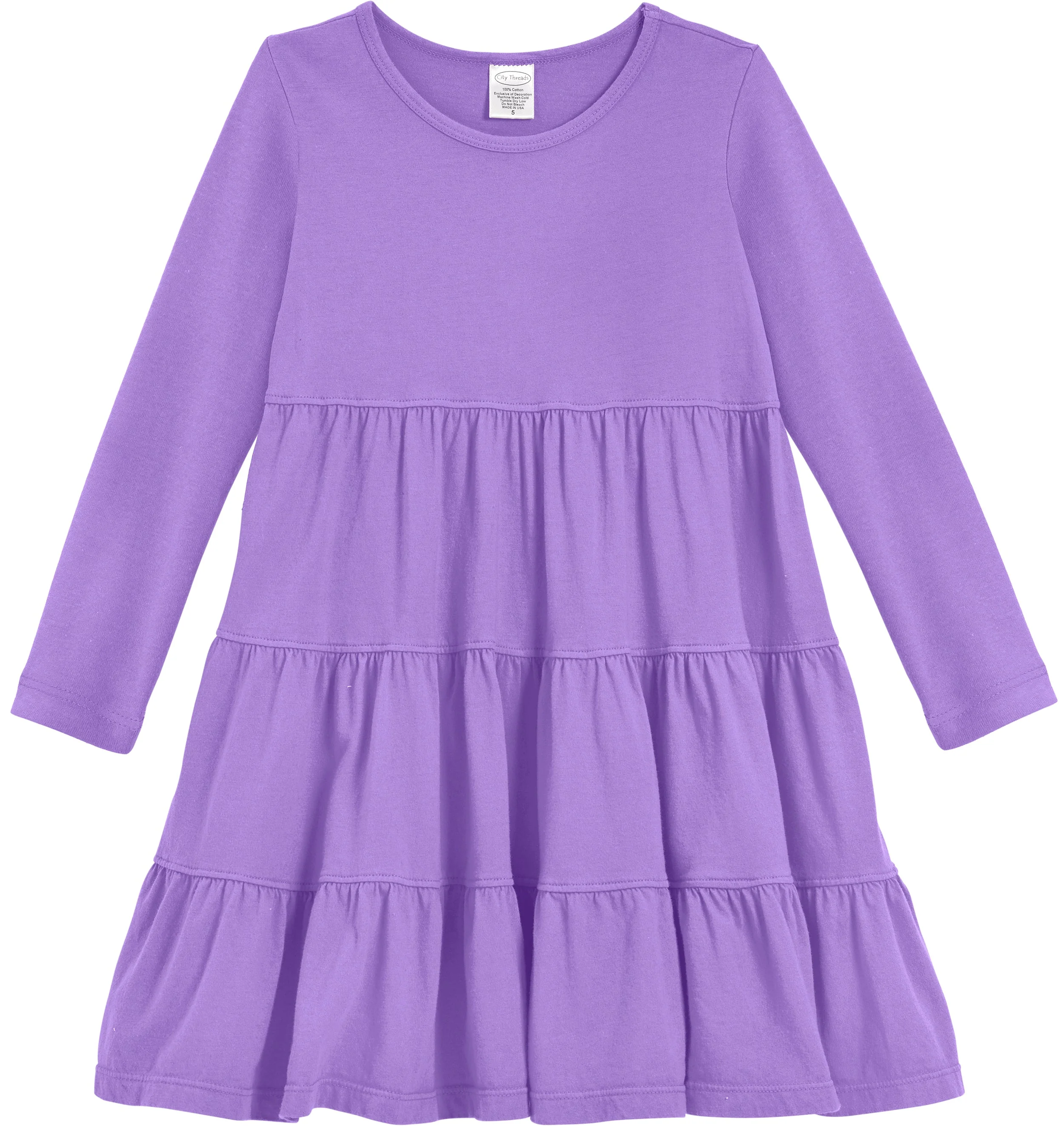 Girls Soft Cotton Jersey Long Sleeve Tiered Dress | Deep Purple - Remutear