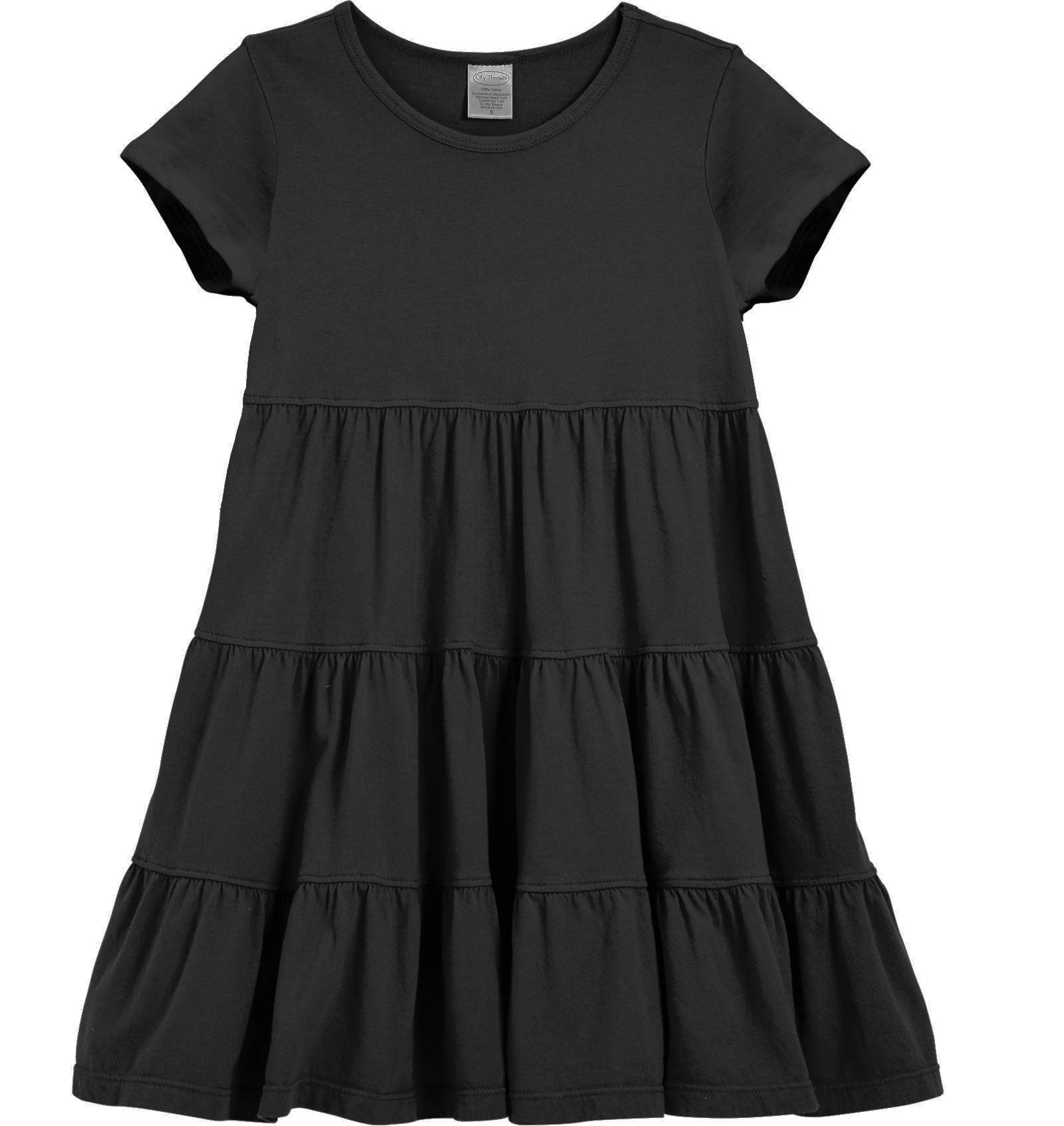 Girls Soft Cotton Jersey Short Sleeve Tiered Dress -Seconds| Damage-Black - Remutear
