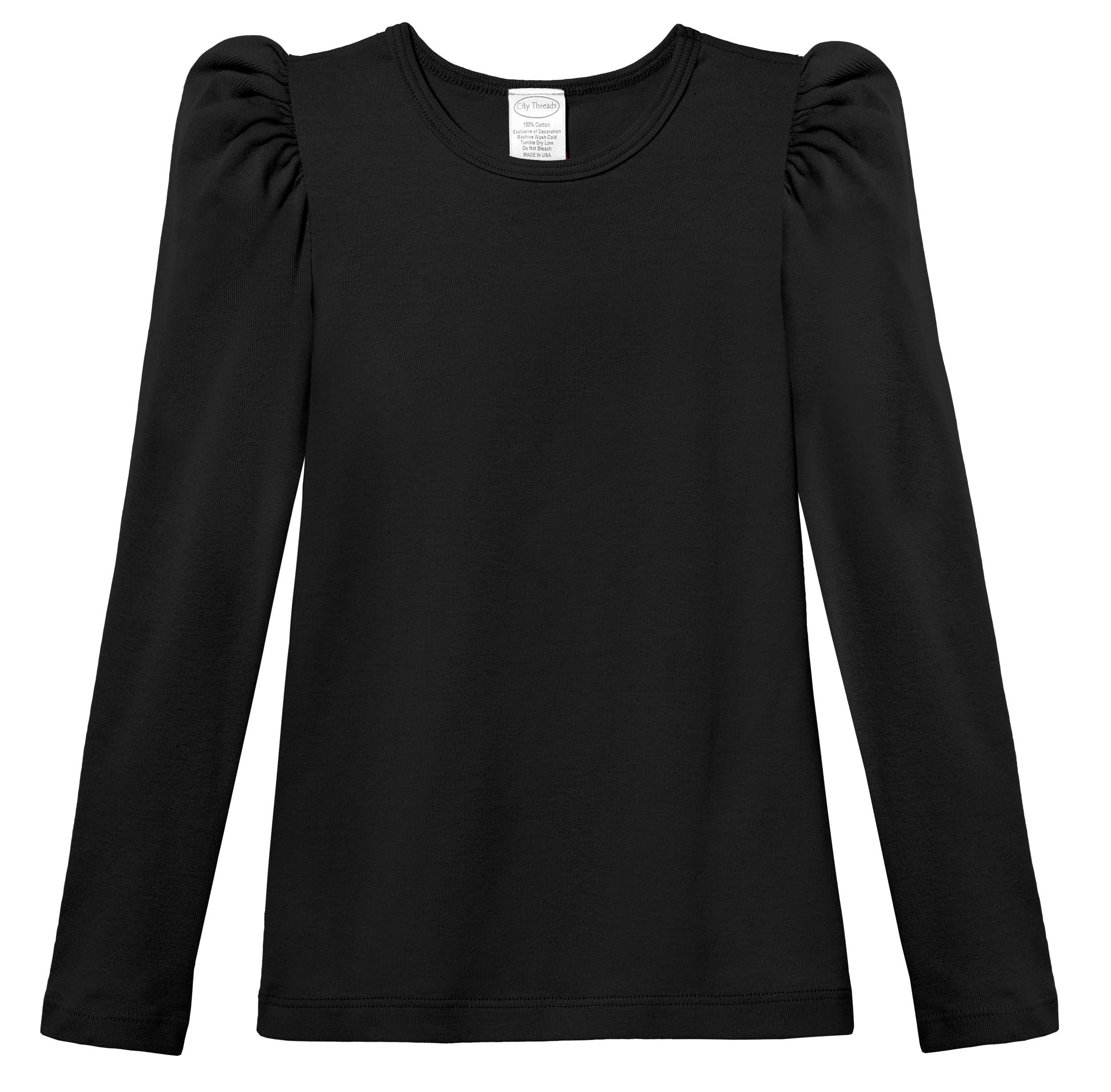 Girls Soft Cotton Puff Long Sleeve Tee | Black - Remutear