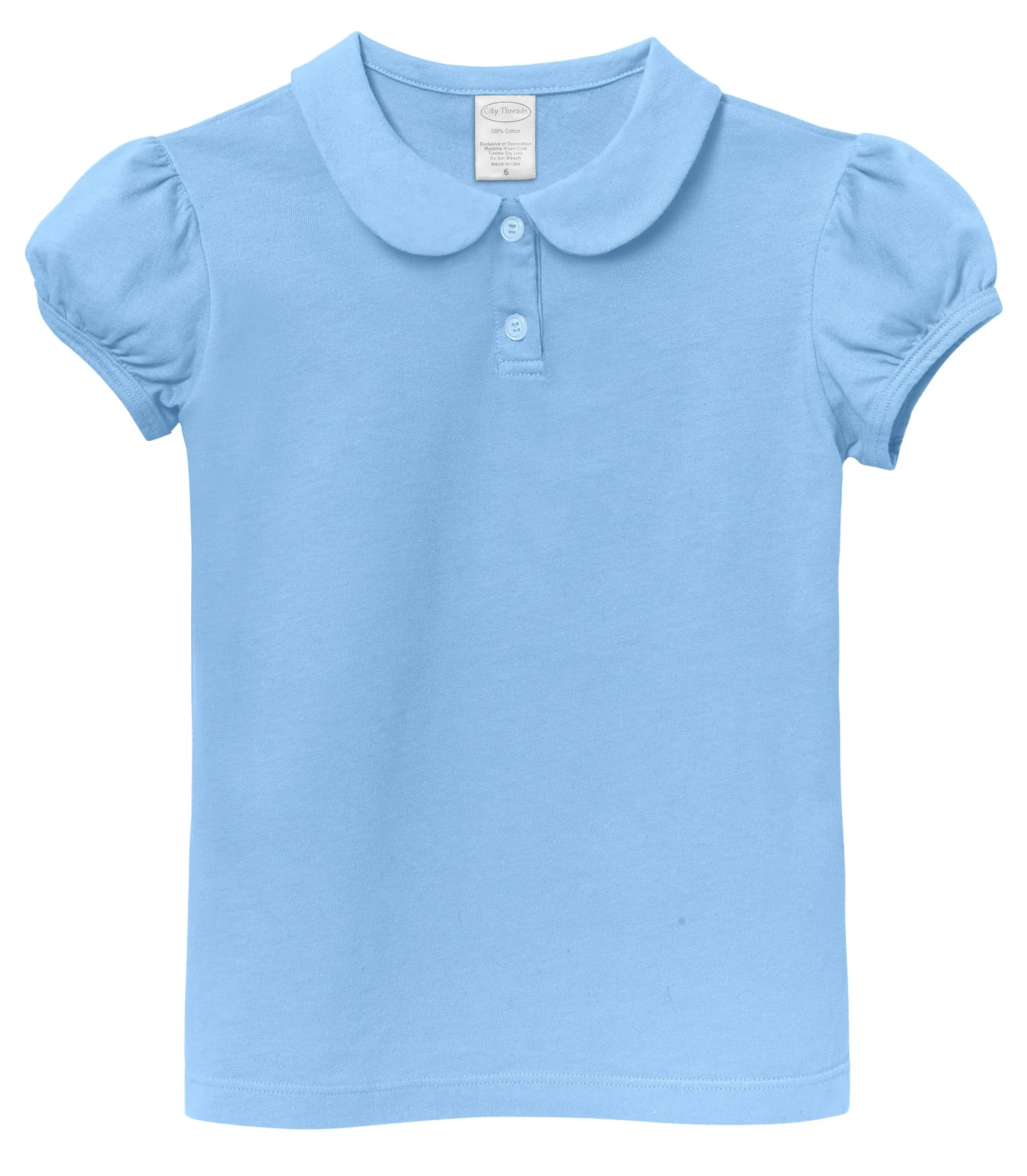 Girls Soft Cotton Jersey Peter Pan Collar Polo Puff Short Sleeve Tee-Seconds | Damage Bright Light Blue - Remutear