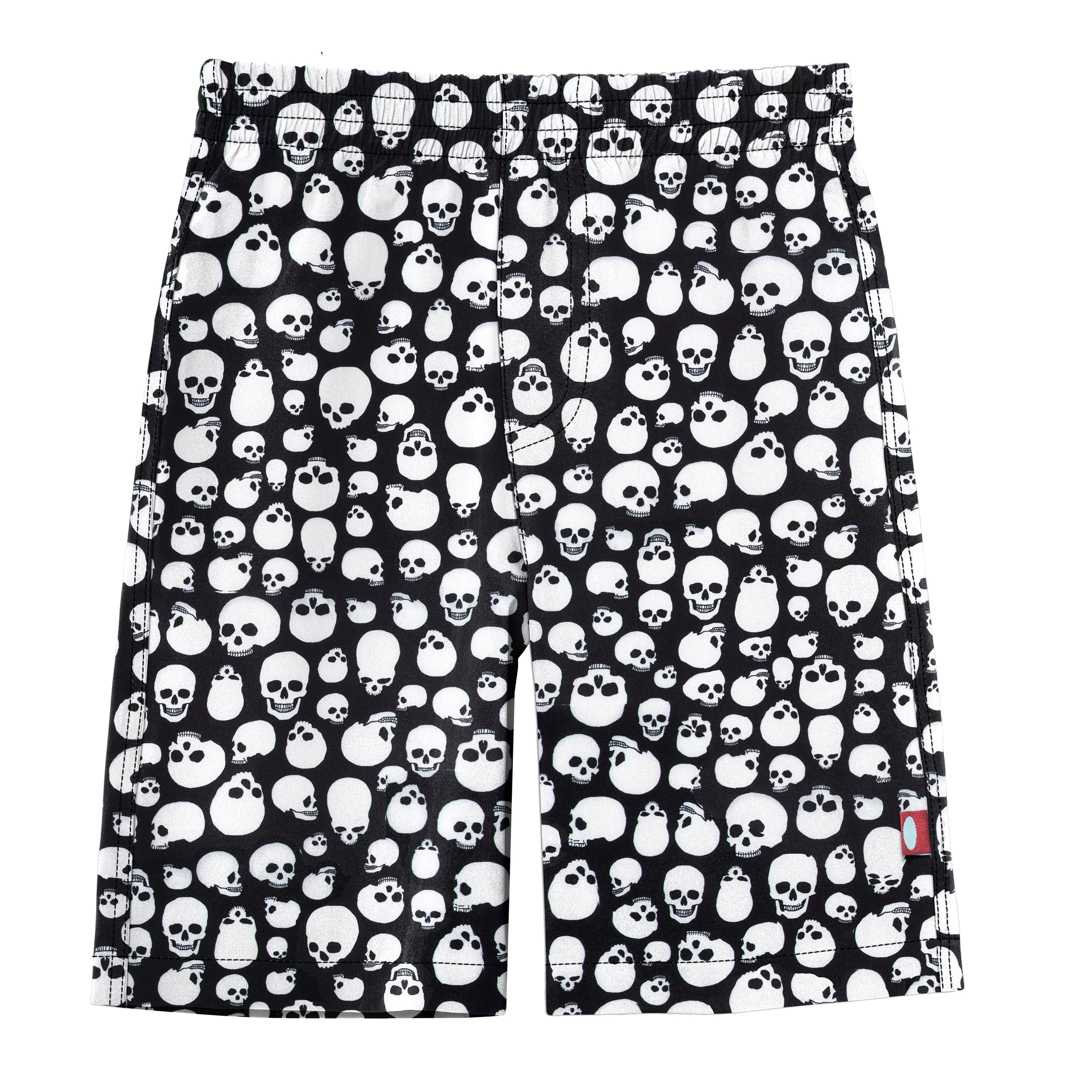 Boys UPF 50+ Recycled Polyester Soft Stretch Below the Knee Printed Swim Board Shorts | Skulls - Remutear