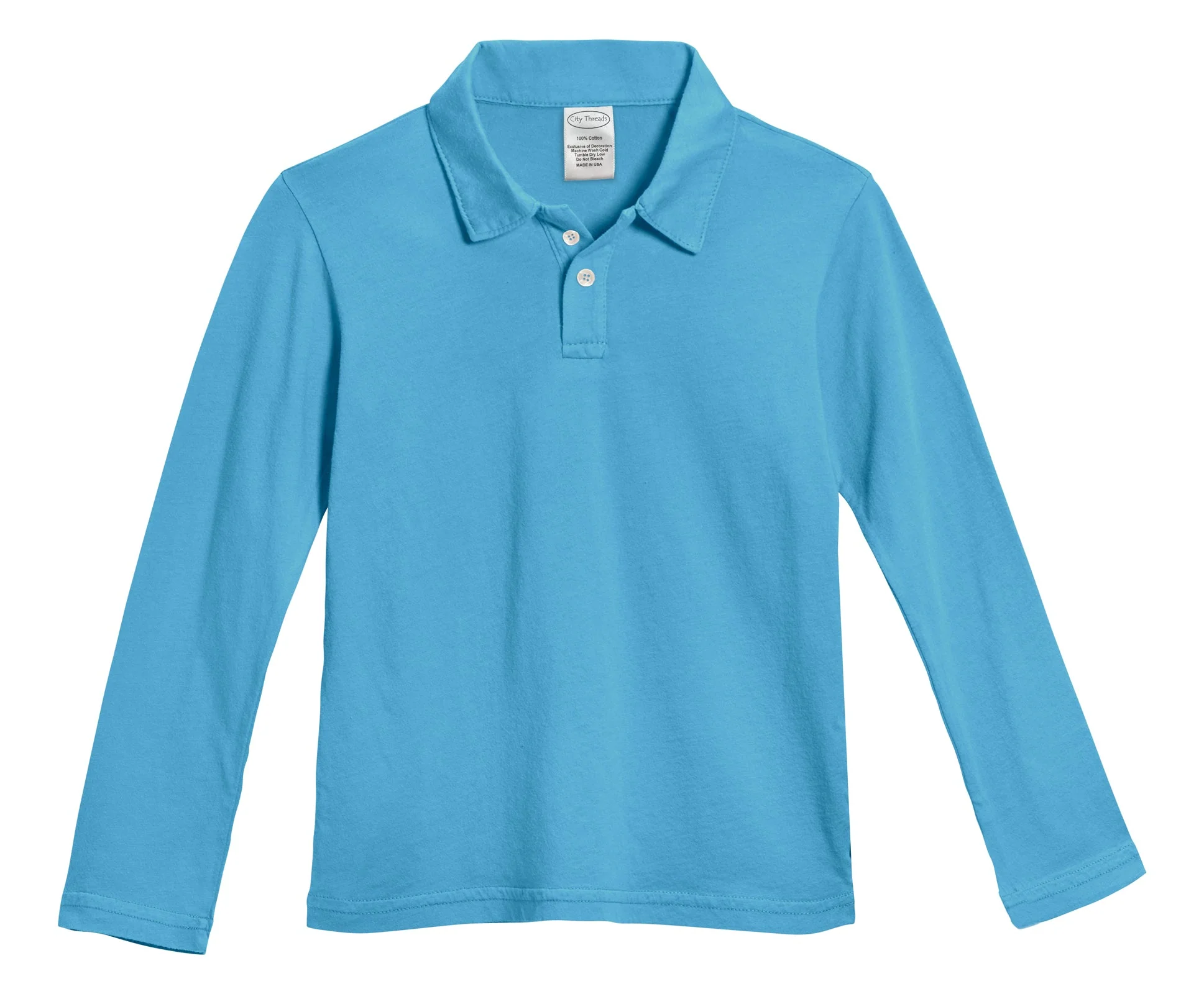 Boys Soft Cotton Jersey 2-Button Long Sleeve Polo Shirt | Sea - Remutear
