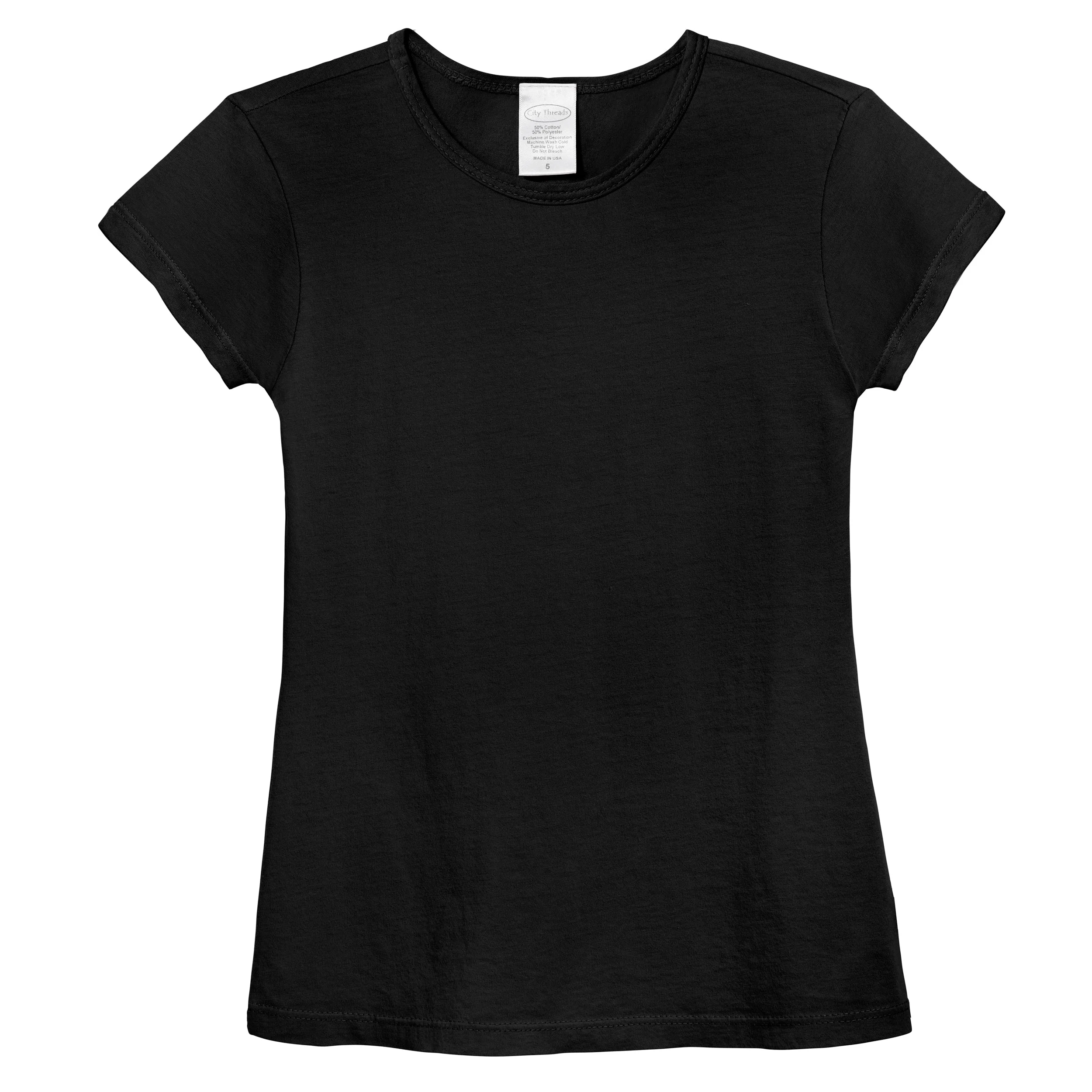 Girls Soft Cotton Jersey Cap Sleeve Crew Tee | Black - Remutear