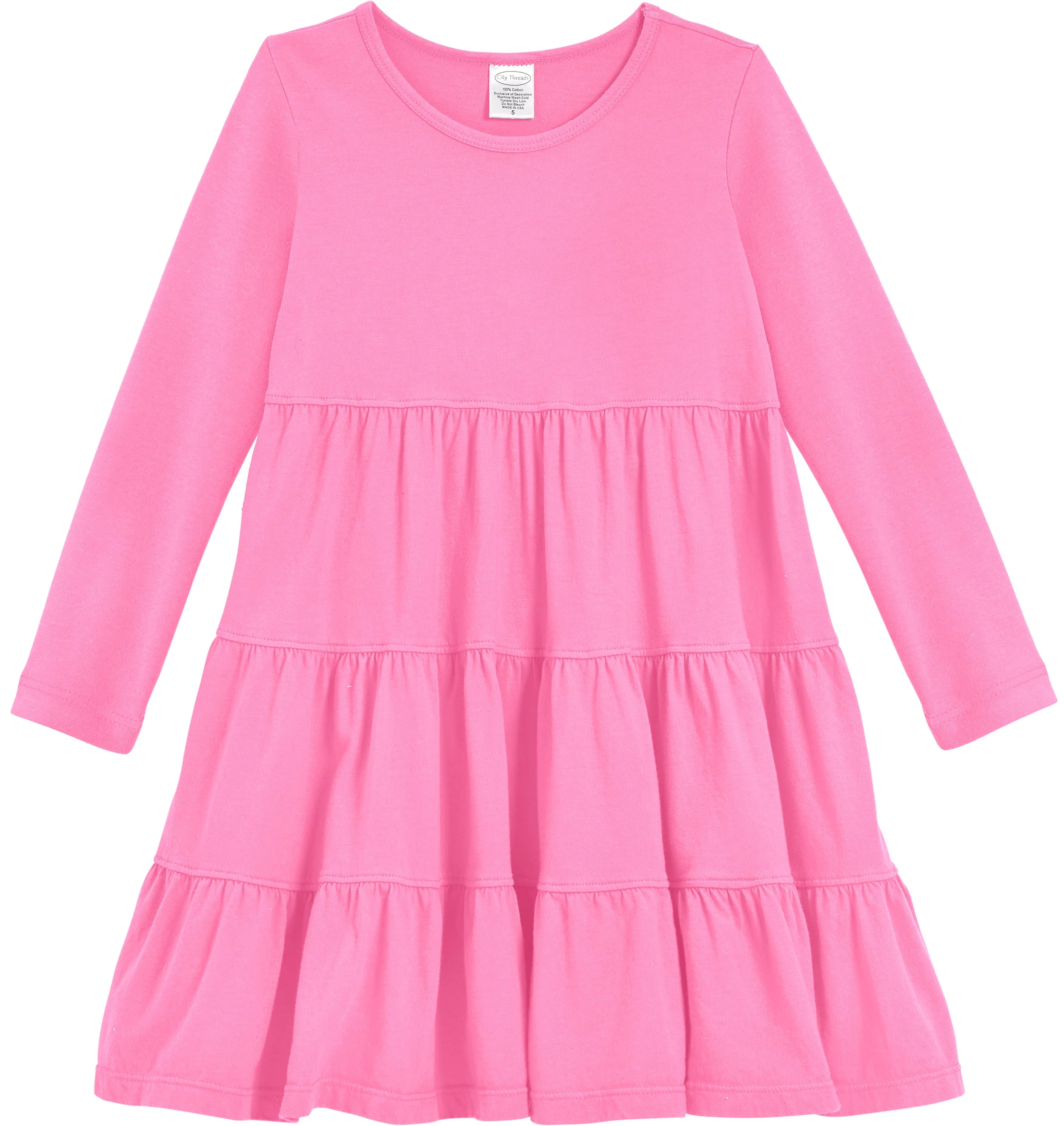 Girls Soft Cotton Jersey Long Sleeve Tiered Dress | Medium Pink - Remutear