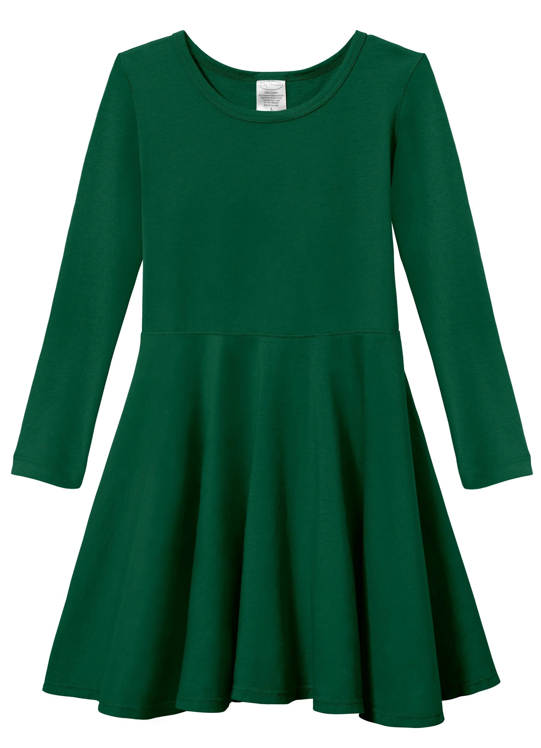 Girls Soft Cotton Jersey Long Sleeve Twirly Dress | Forest Green - Remutear