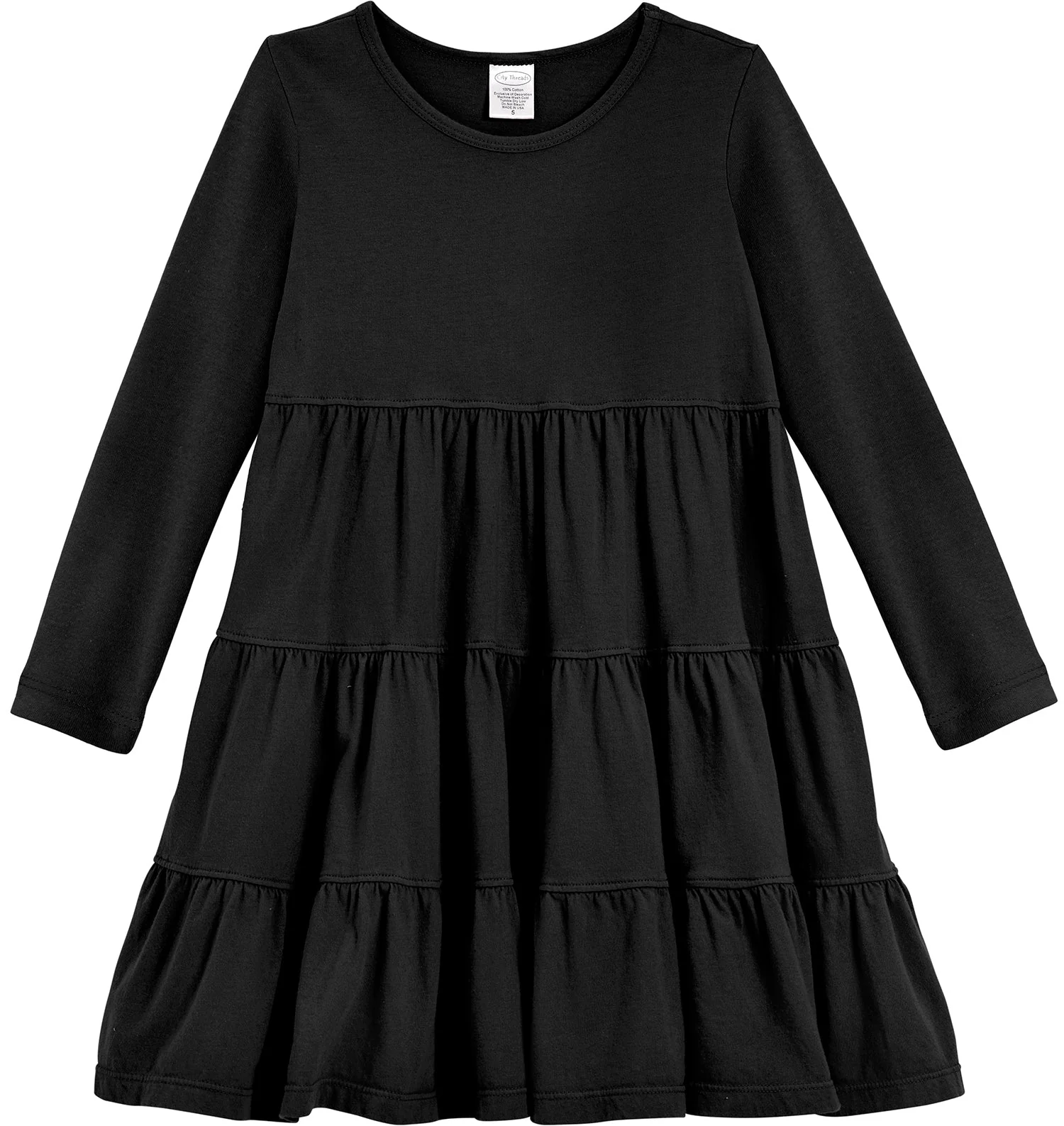 Girls Soft Cotton Jersey Long Sleeve Tiered Dress | Black - Remutear