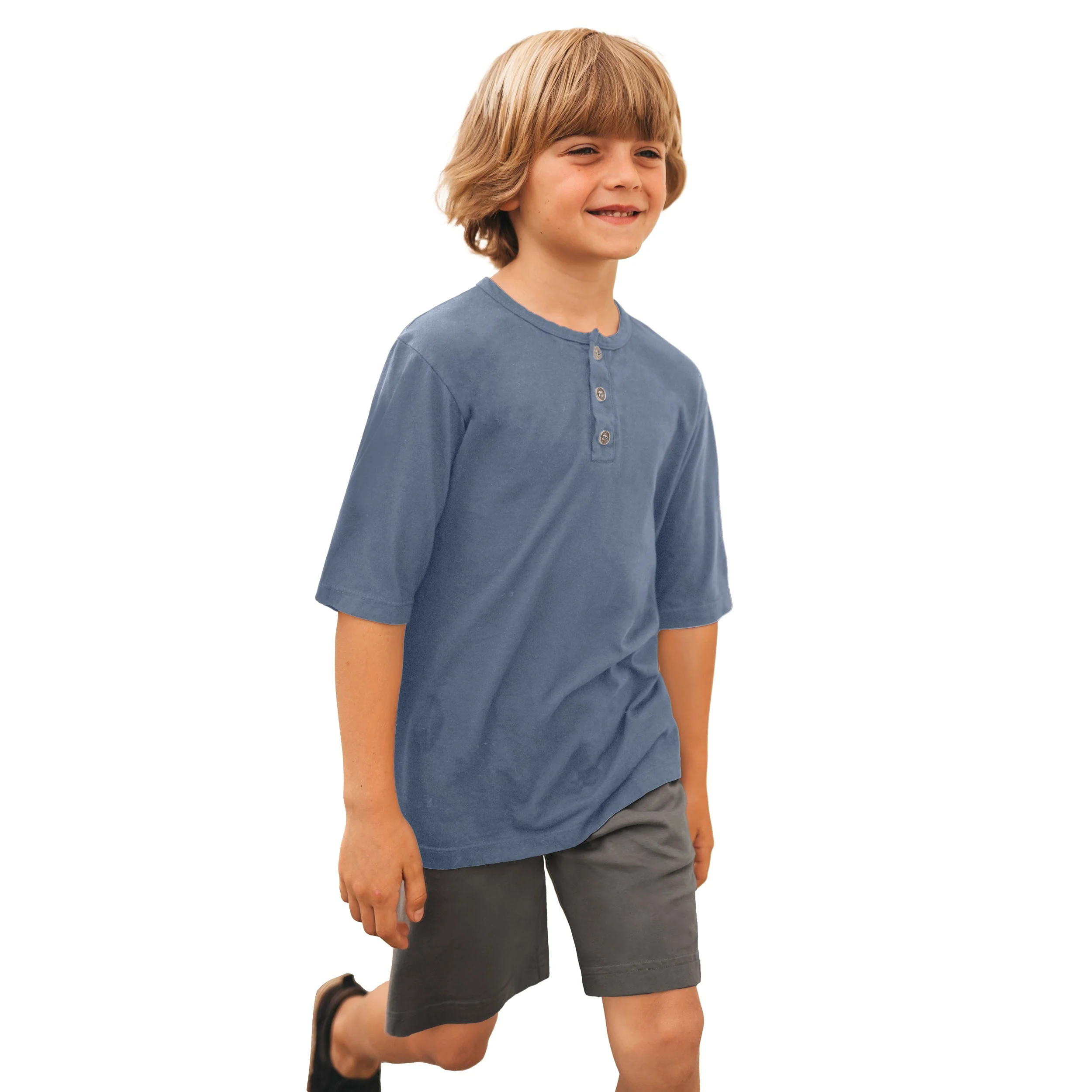 Boys Soft Organic Cotton Jersey Short Sleeve Henley Tee | Concrete - Remutear