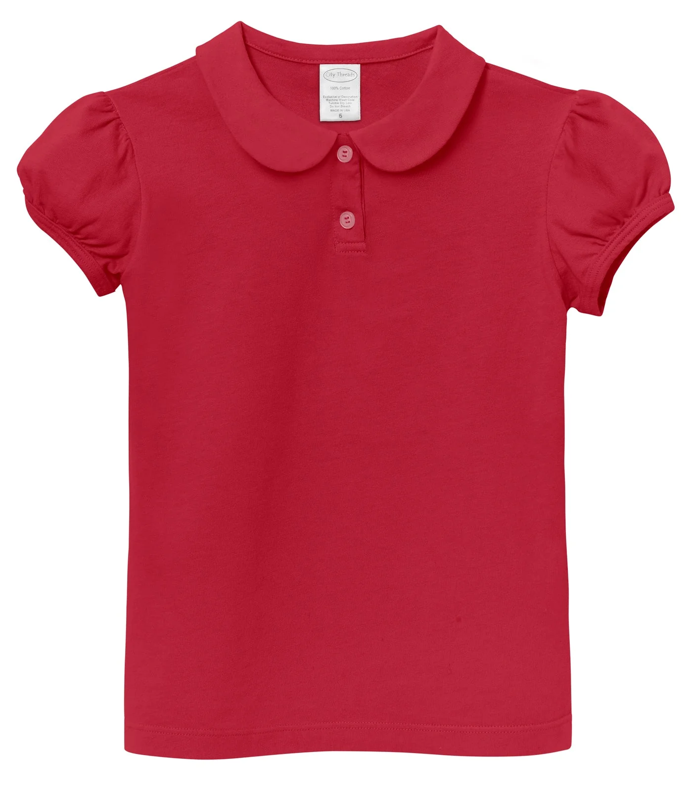 Girls Soft Cotton Jersey Peter Pan Collar Polo Puff Short Sleeve Tee-Seconds | Damage Uniform Red - Remutear