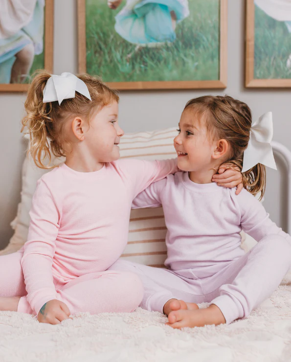 Girls Soft & Cozy Thermal 2-Piece Long Johns | Bright Light Pink w- Light Pink Stitch - Remutear