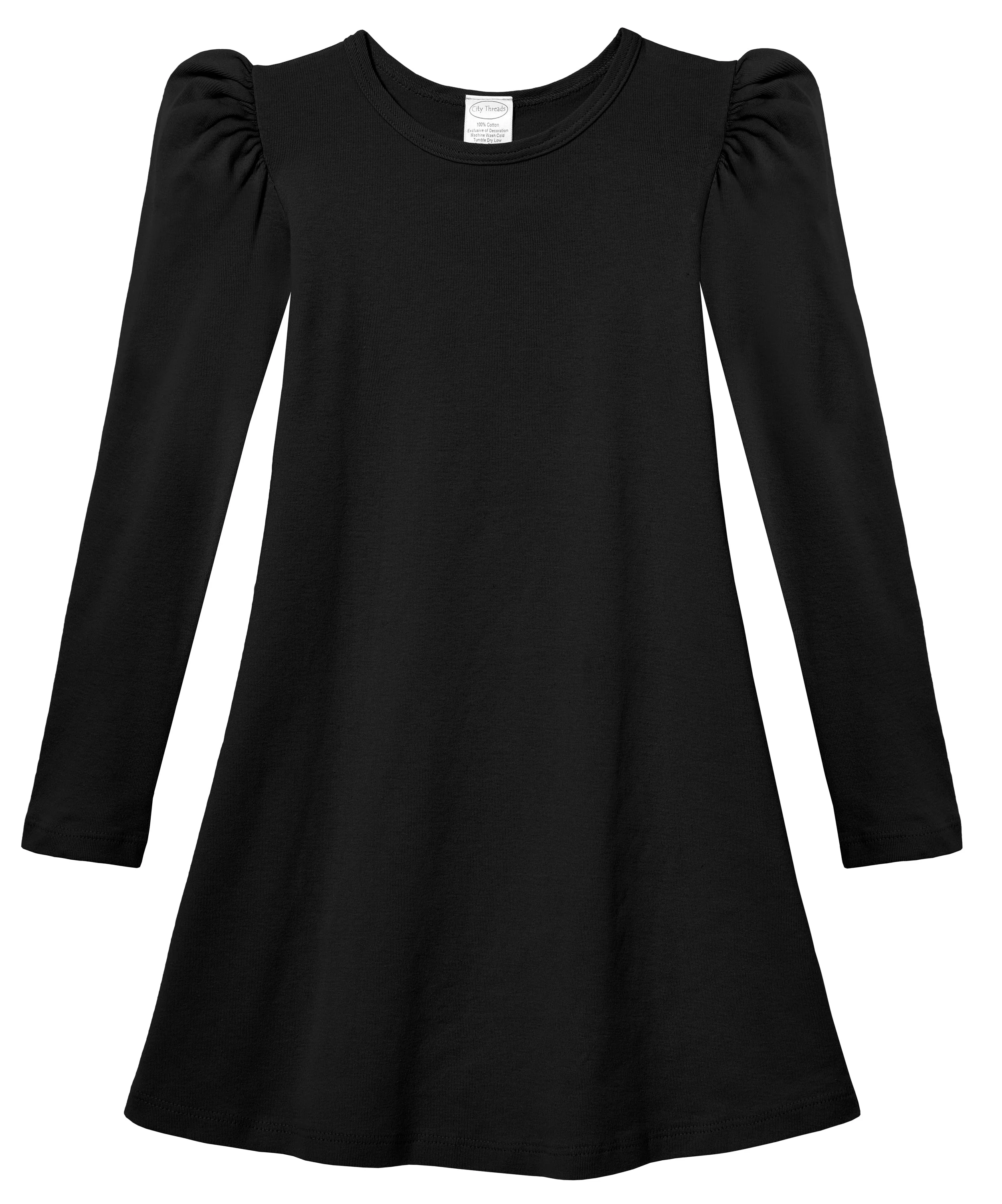Girls Soft Cotton Puff Long Sleeve Dress | Black - Remutear