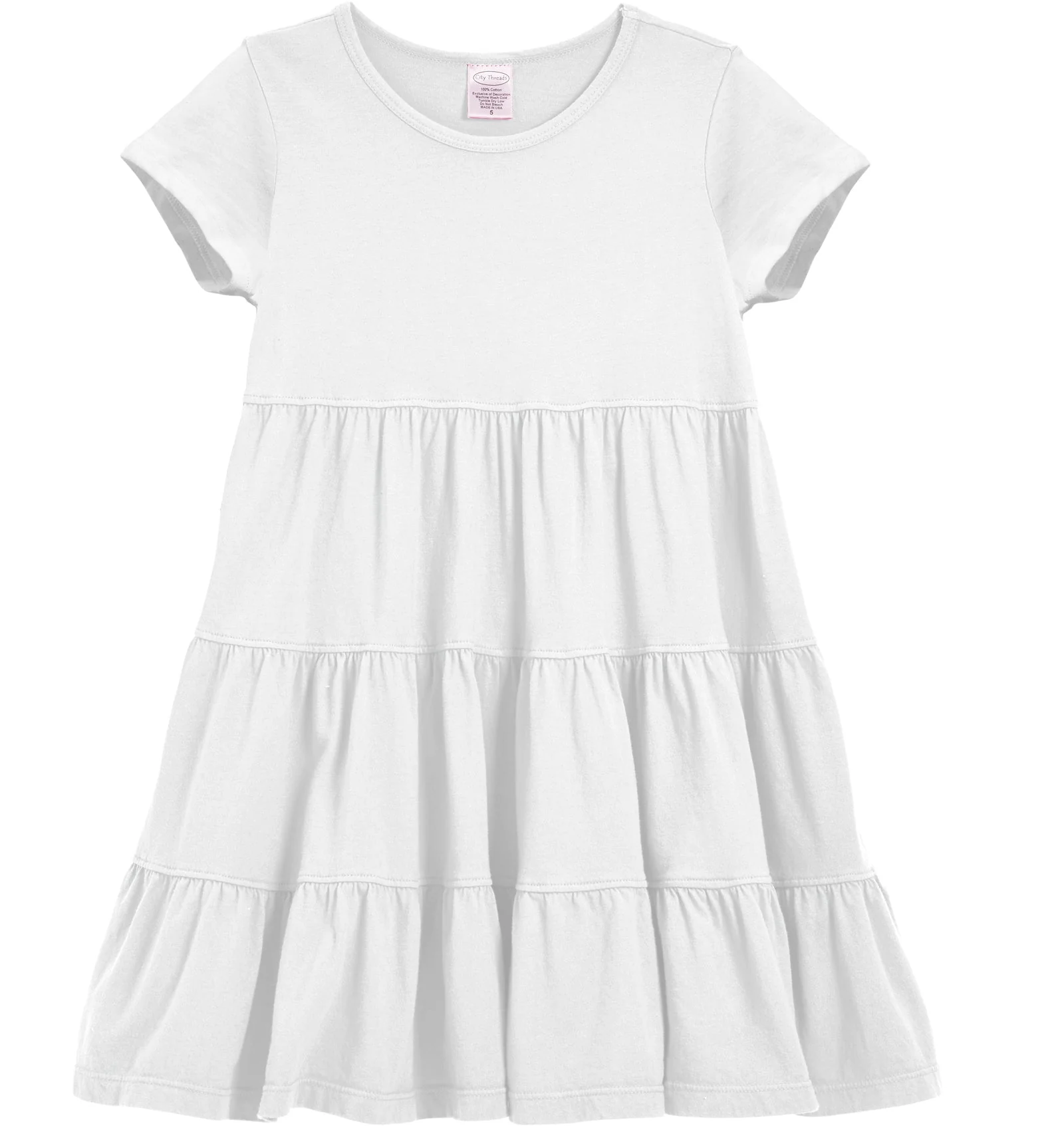 Girls Soft Cotton Jersey Short Sleeve Tiered Dress -Seconds| Damage-White - Remutear