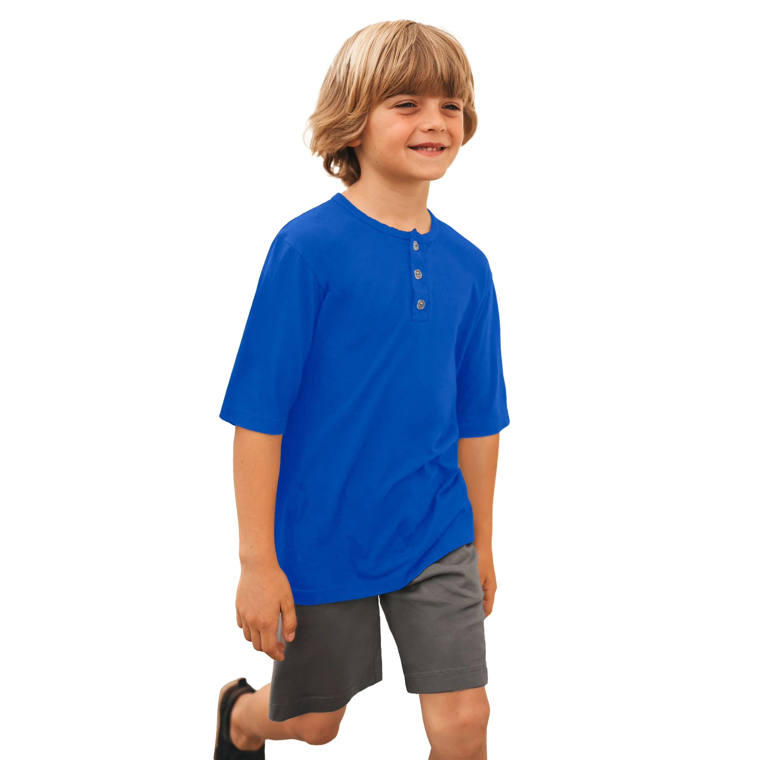 Boys Soft Organic Cotton Jersey Short Sleeve Henley Tee | Crayon Blue - Remutear