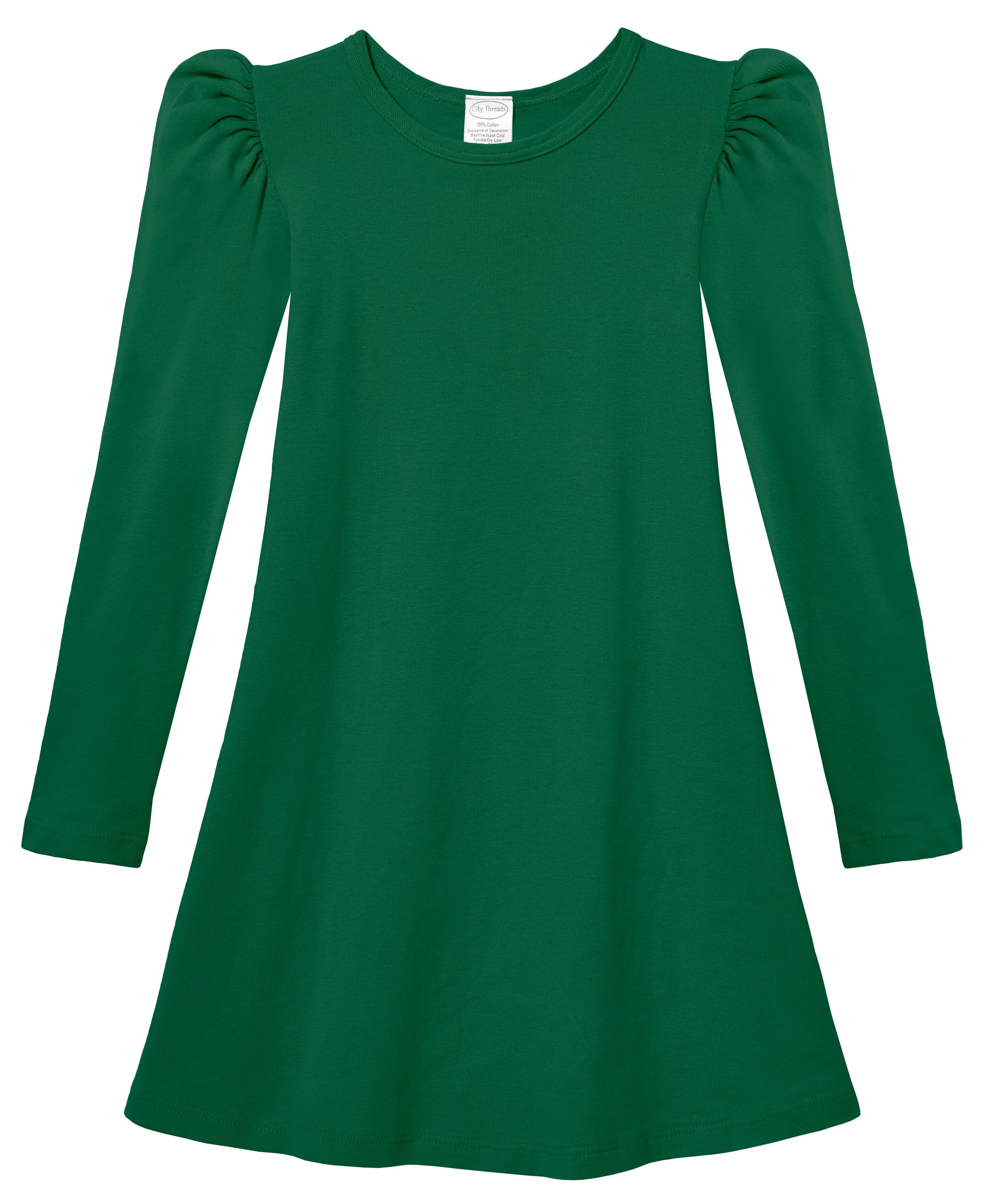 Girls Soft Cotton Puff Long Sleeve Dress | Forest Green - Remutear
