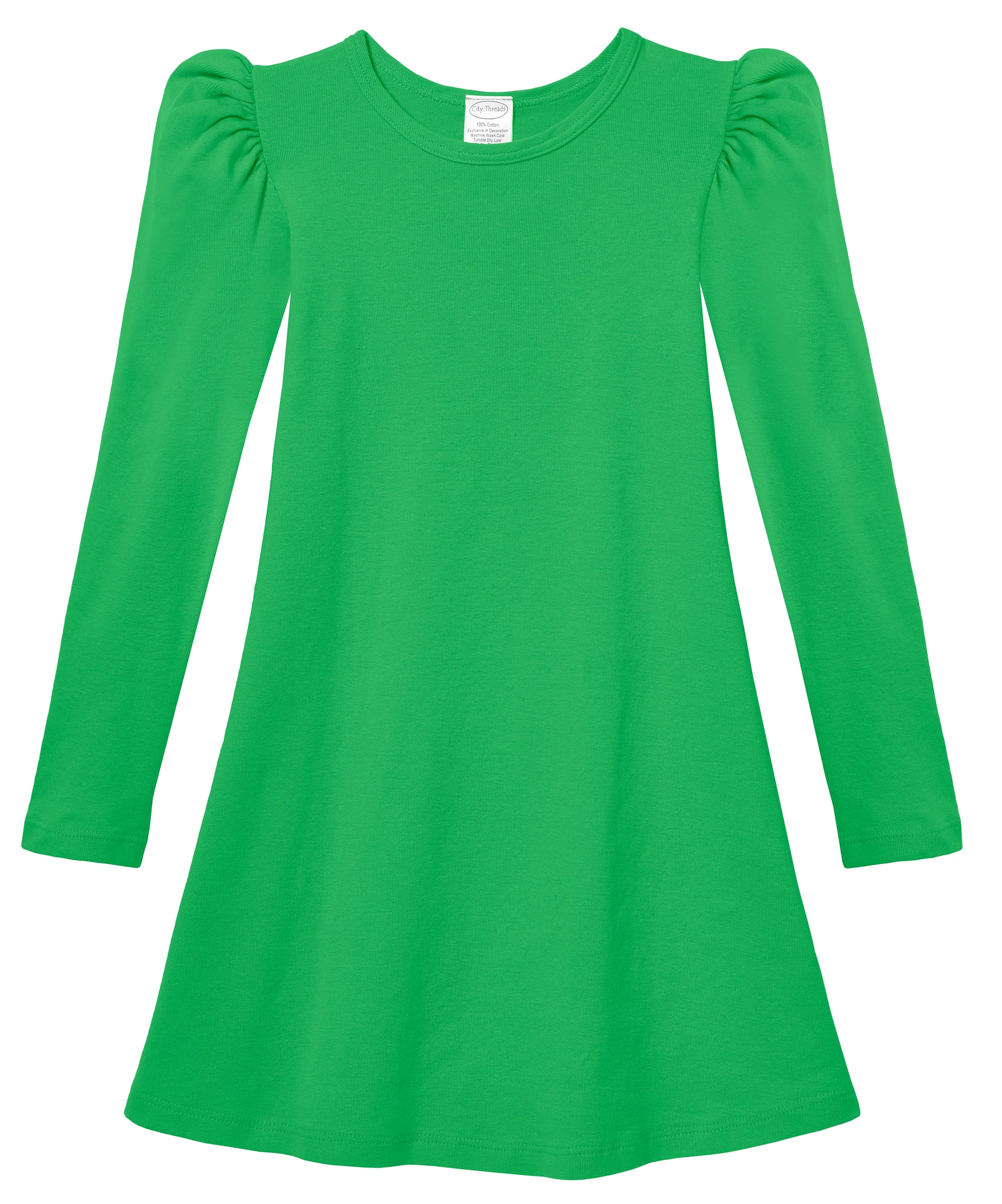 Girls Soft Cotton Puff Long Sleeve Dress | Elf Green - Remutear