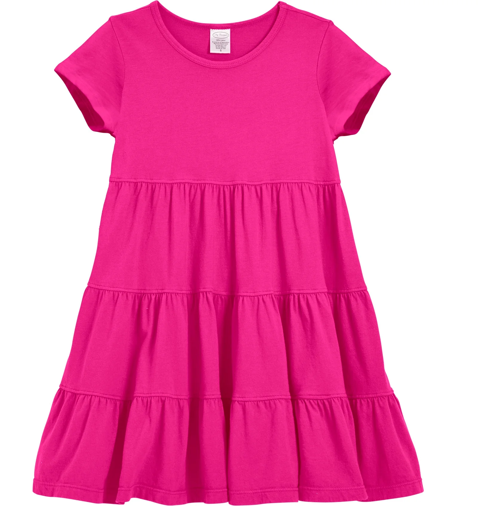 Girls Soft Cotton Jersey Short Sleeve Tiered Dress -Seconds| Damage-Hot Pink - Remutear