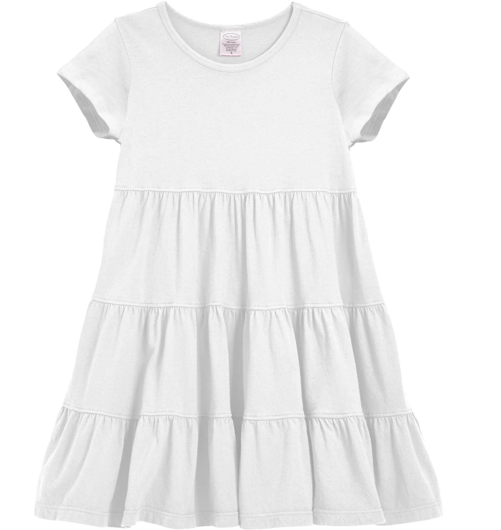 Girls Soft Cotton Jersey Short Sleeve Tiered Dress | White - Remutear