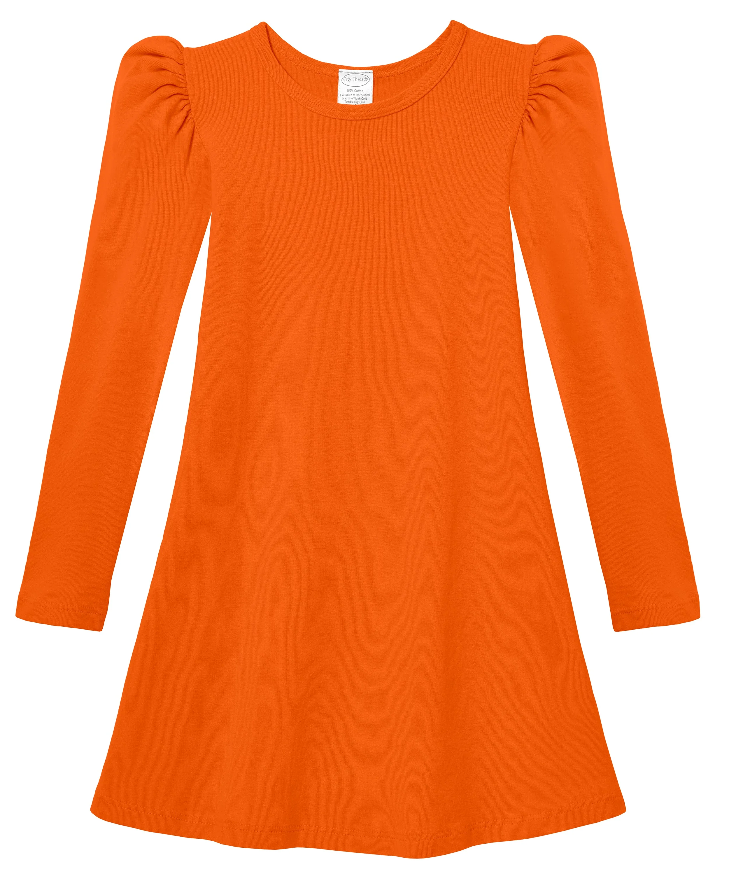 Girls Soft Cotton Puff Long Sleeve Dress | Orange - Remutear