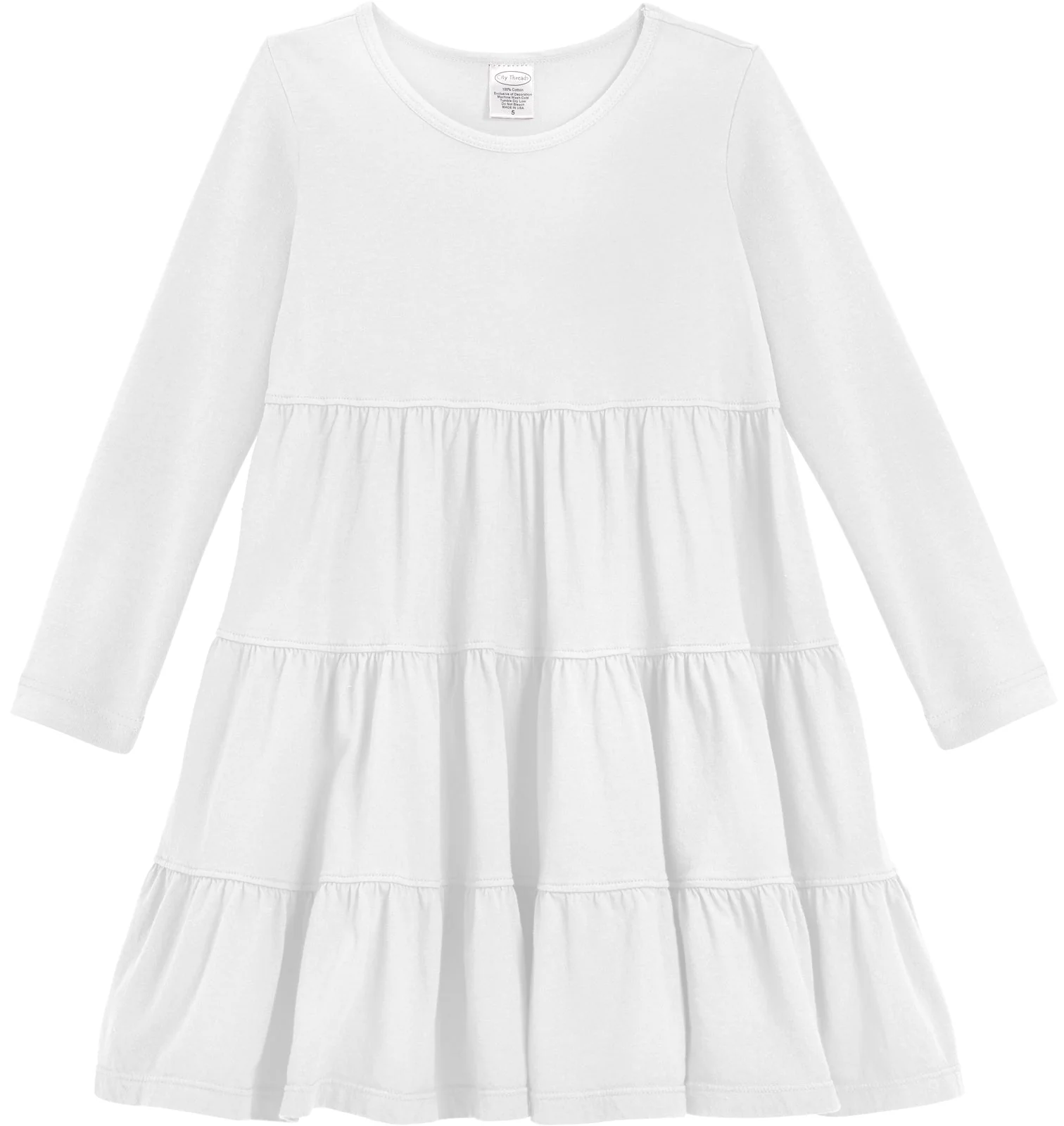 Girls Soft Cotton Jersey Long Sleeve Tiered Dress | White - Remutear