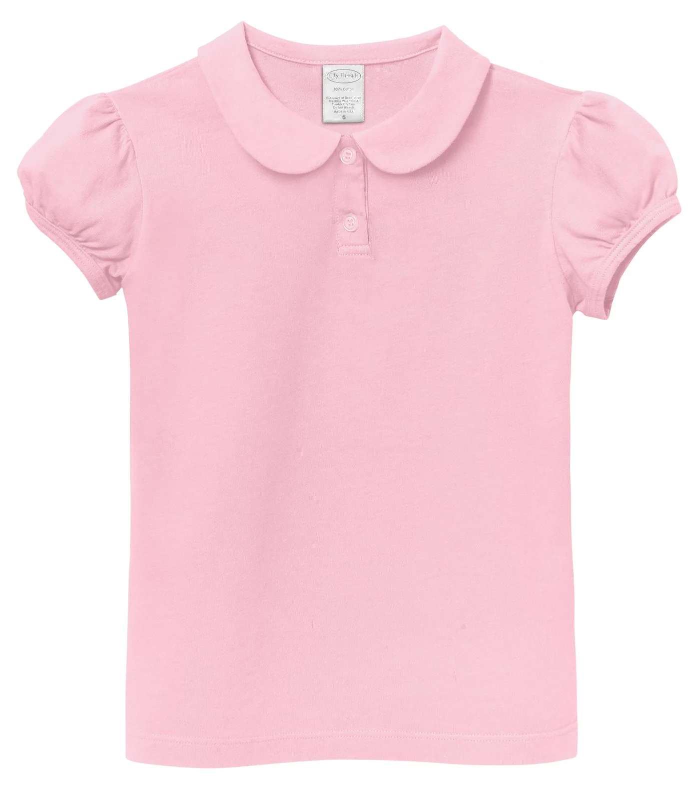 Girls Soft Cotton Jersey Peter Pan Collar Polo Puff Short Sleeve Tee-Seconds | Damage Bright Light Pink - Remutear