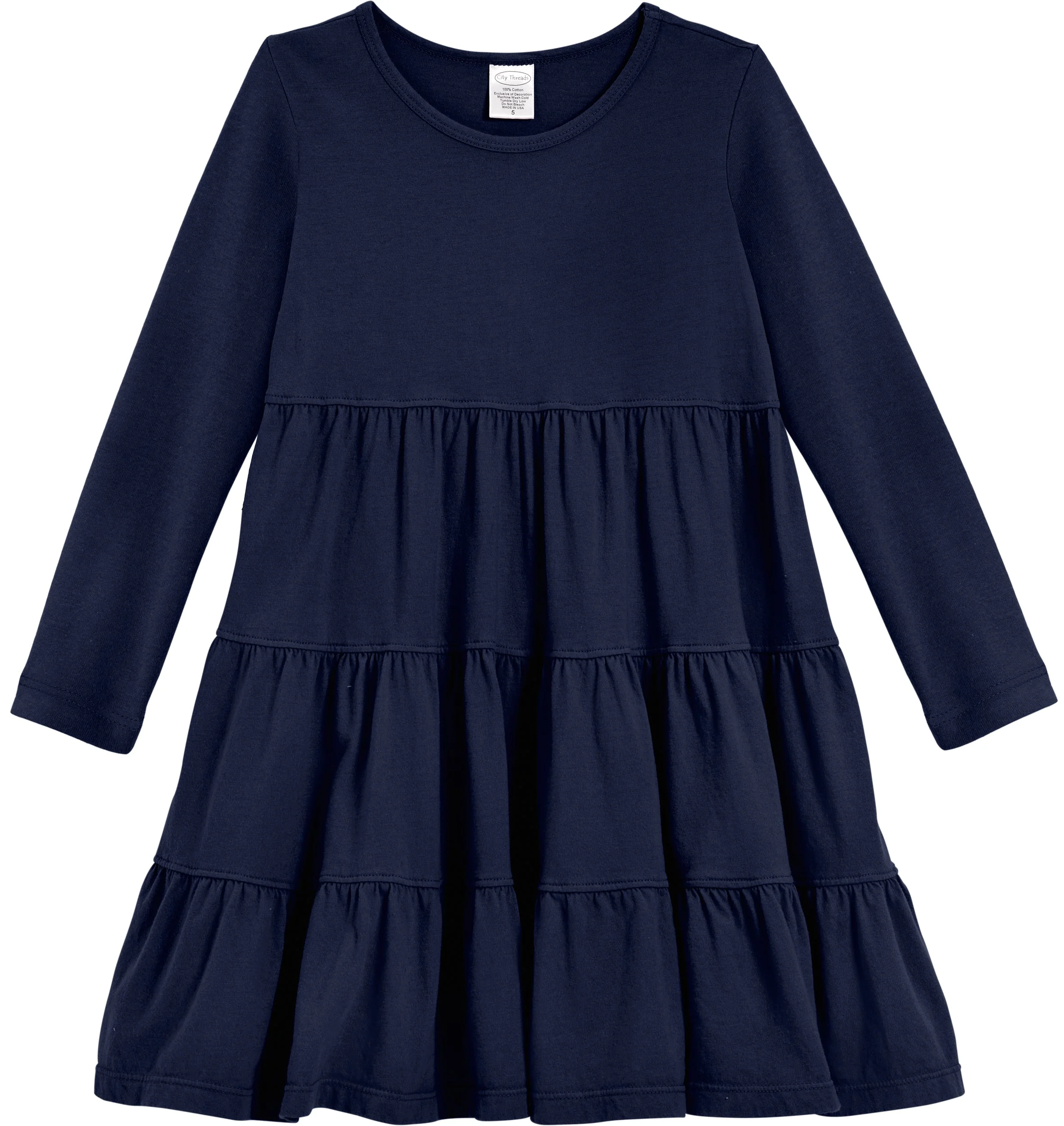Girls Soft Cotton Jersey Long Sleeve Tiered Dress | Navy - Remutear