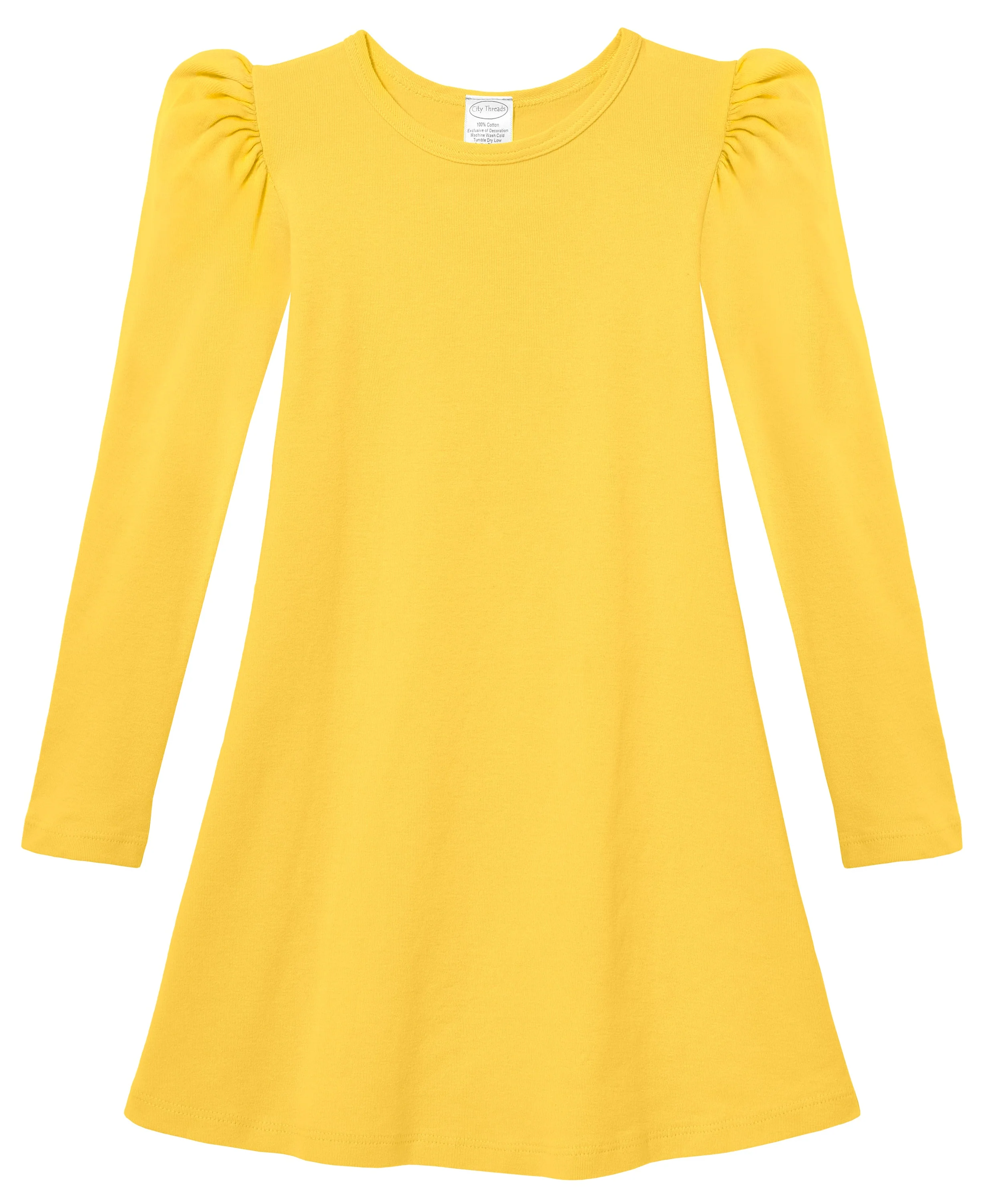 Girls Soft Cotton Puff Long Sleeve Dress | Yellow - Remutear