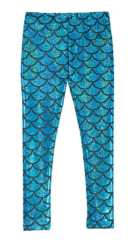 Girls Novelty Stretch Leggings  | Turquoise Mermaid Sparkle - Remutear
