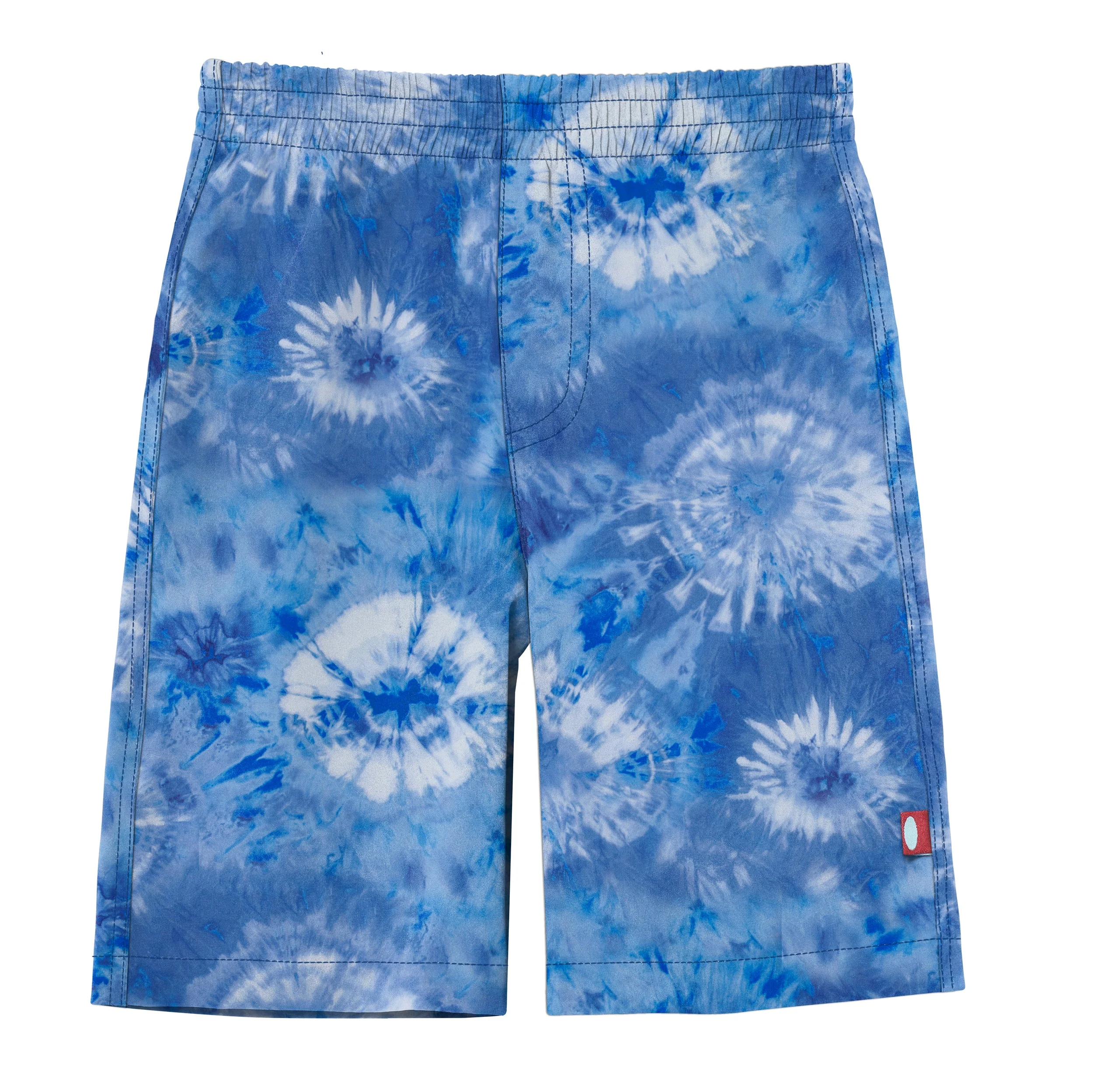Boys UPF 50+ Recycled Polyester Soft Stretch Below the Knee Printed Swim Board Shorts  | Tie Dye Blue White Flowers - Remutear