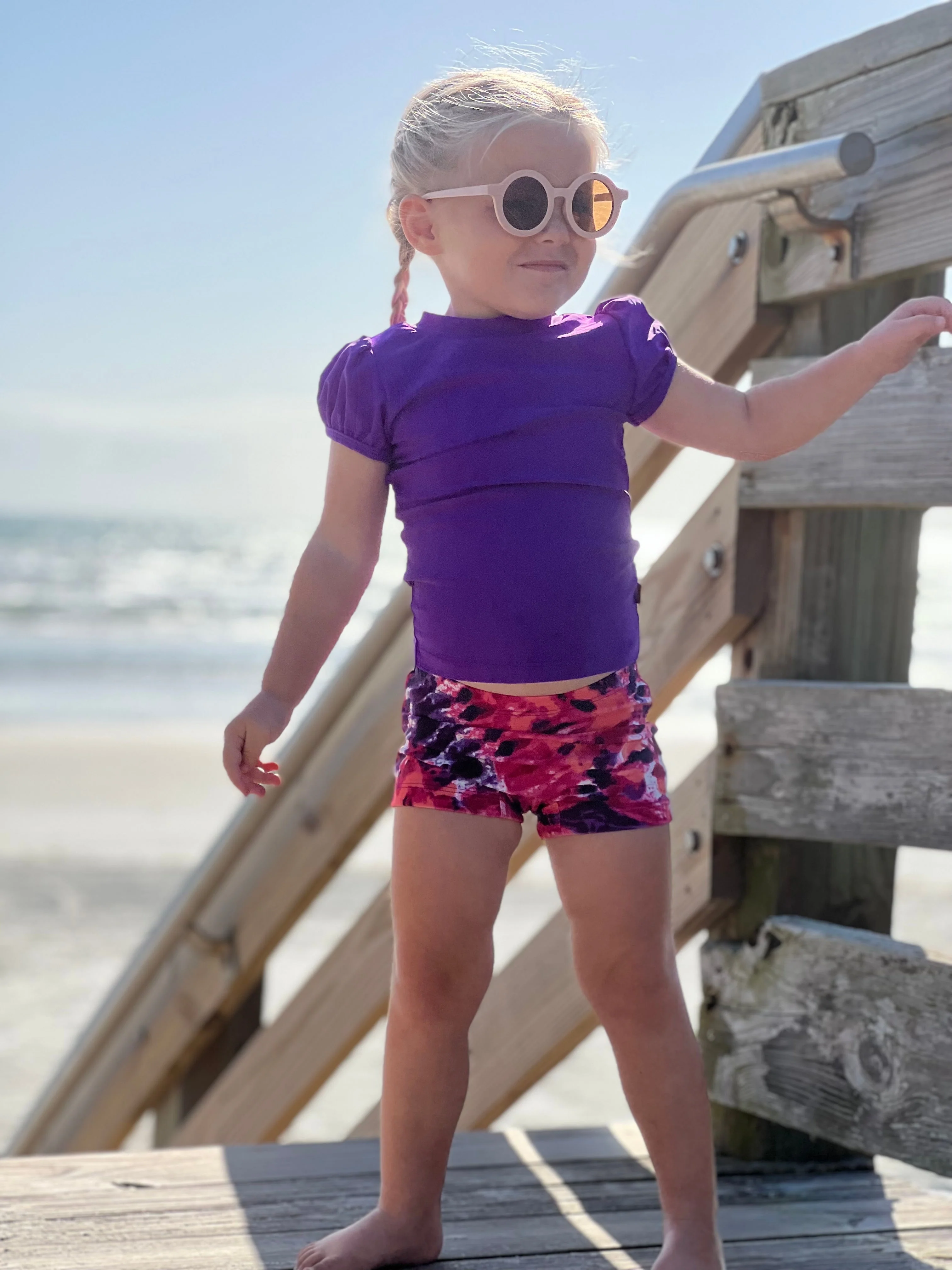 Girls UPF 50+ Printed Swim Boy Shorts  | Marine Navy w- White Stripes - Remutear