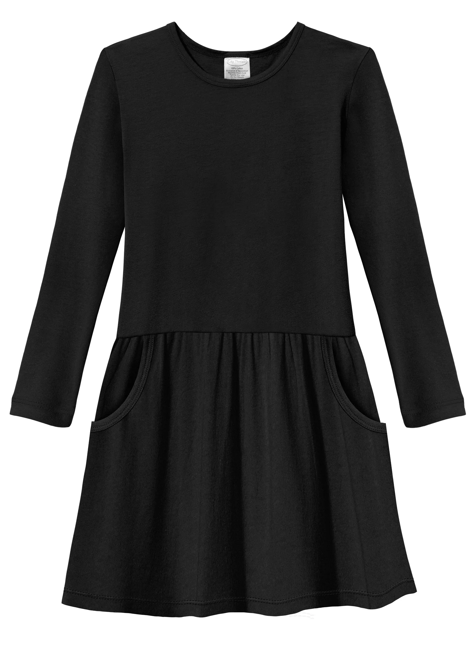 Girls Soft Cotton Jersey Long Sleeve Drop Waist Dress - Remutear