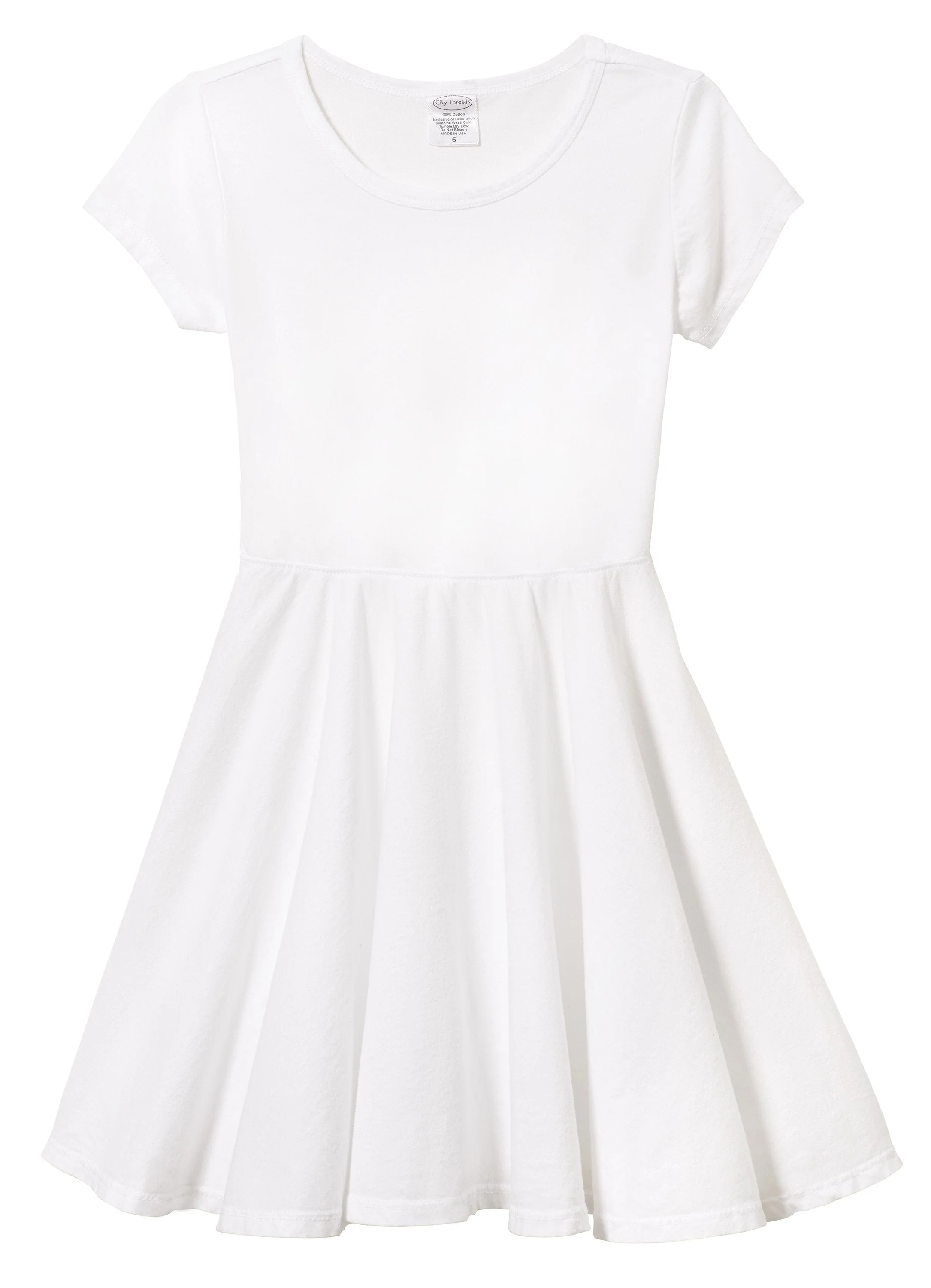 Girls Soft Cotton Jersey Short Sleeve Twirly Dress | White - Remutear