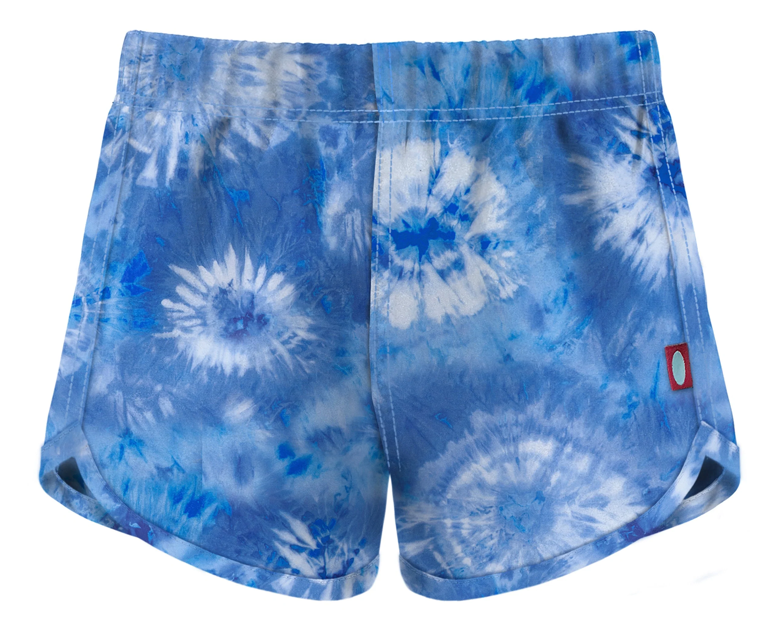 Girls UPF 50+ Recycled Poly Printed Swim Trunks | Tie Dye Blue White Flowers - Remutear