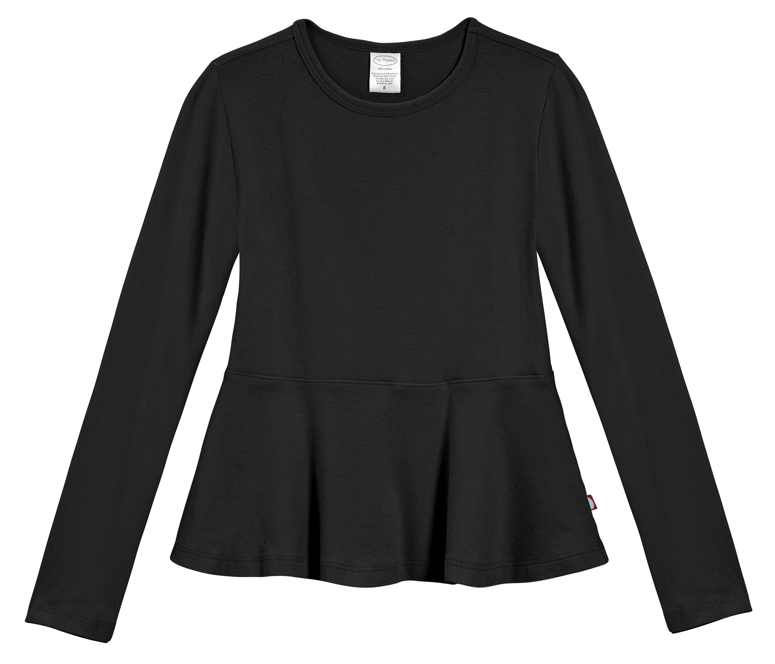 Girls Soft Cotton Long Sleeve Peplum Tee | Black - Remutear