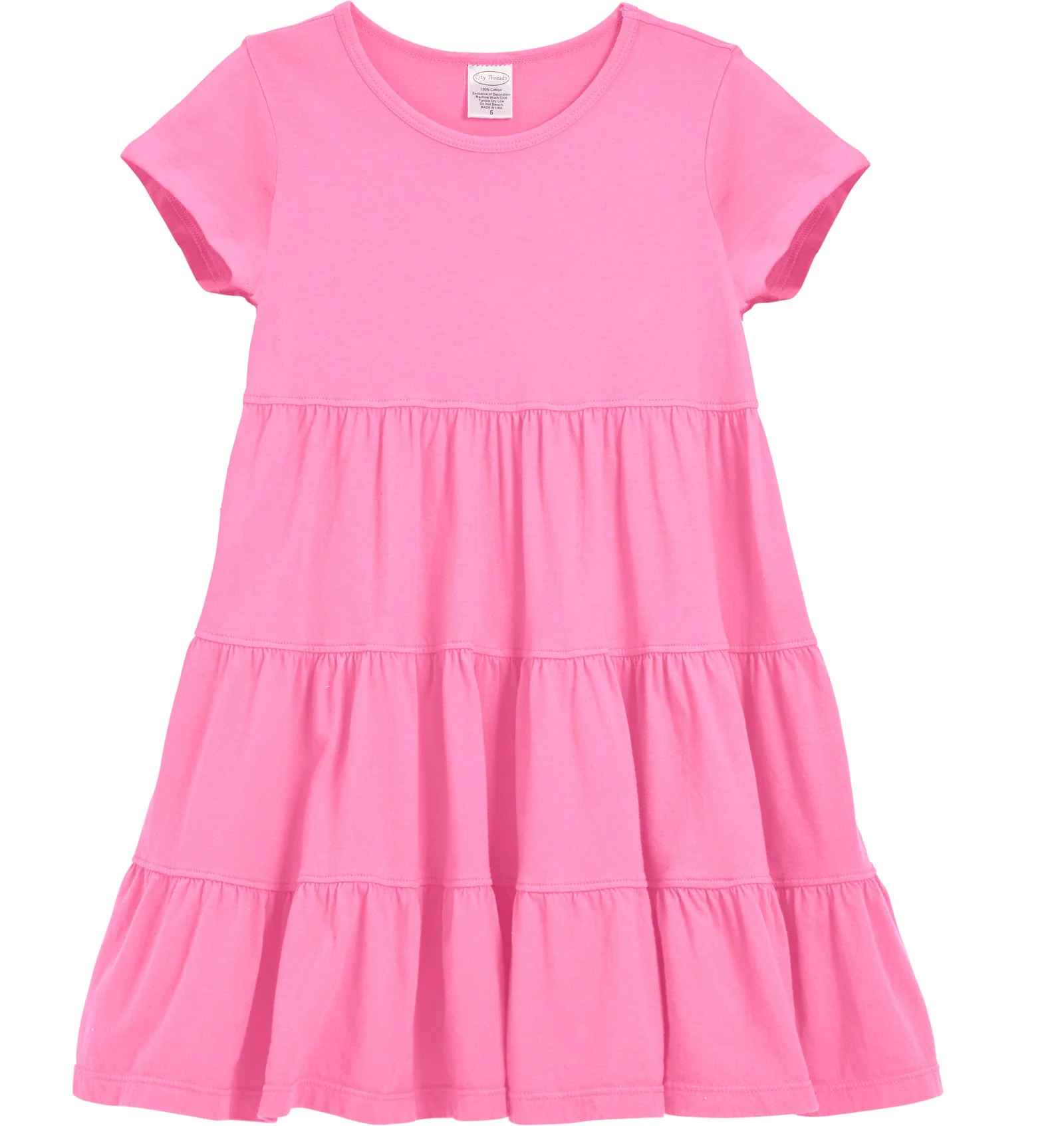 Girls Soft Cotton Jersey Short Sleeve Tiered Dress -Seconds| Damage-Medium Pink - Remutear