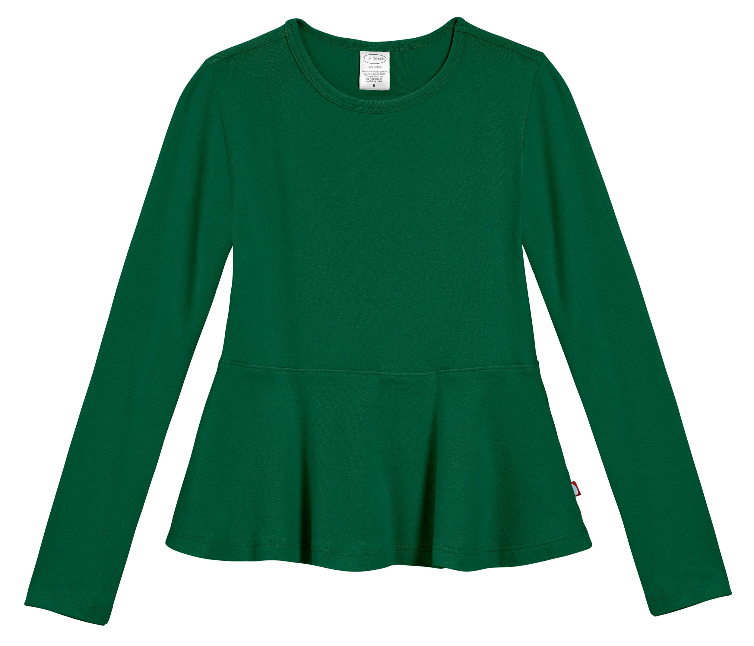 Girls Soft Cotton Long Sleeve Peplum Tee | Forest Green - Remutear