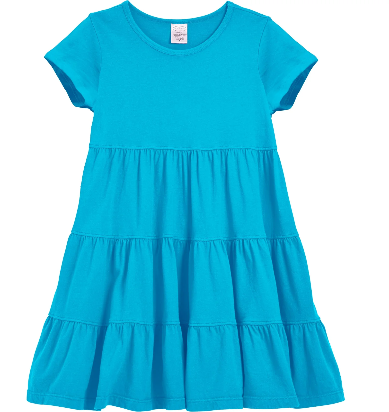 Girls Soft Cotton Jersey Short Sleeve Tiered Dress -Seconds| Damage-Turquoise - Remutear
