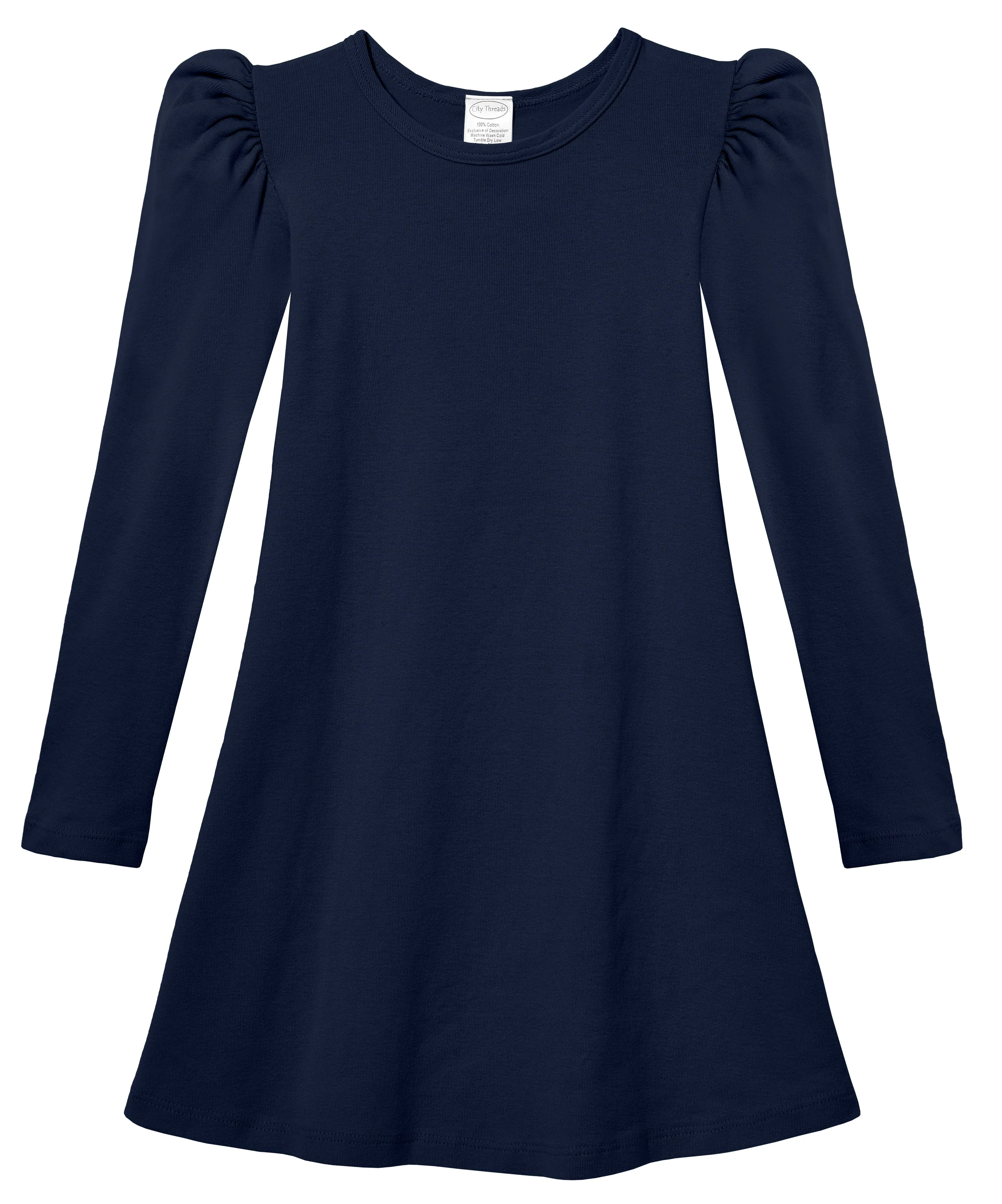 Girls Soft Cotton Puff Long Sleeve Dress | Navy - Remutear