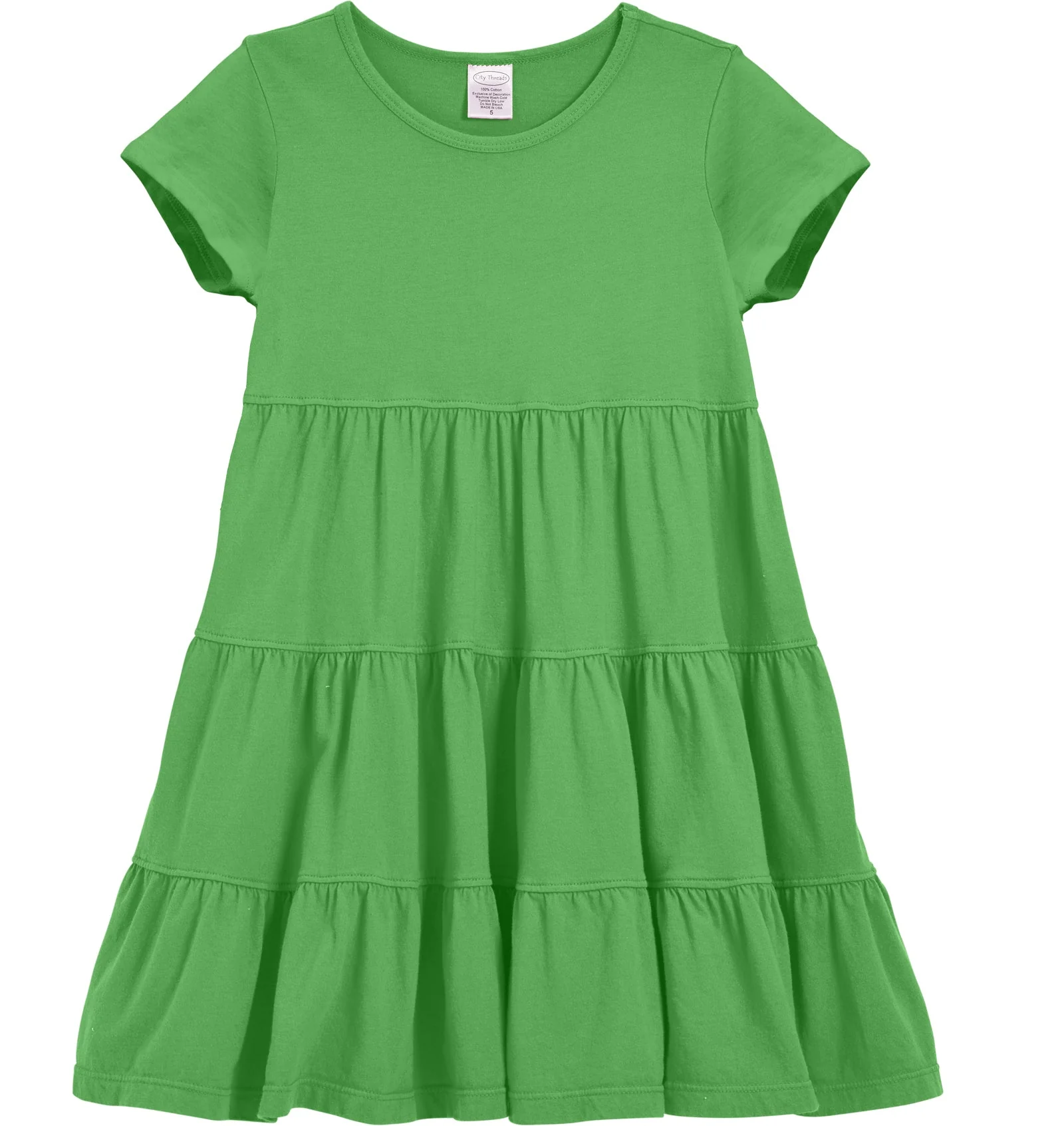 Girls Soft Cotton Jersey Short Sleeve Tiered Dress | Elf Green - Remutear