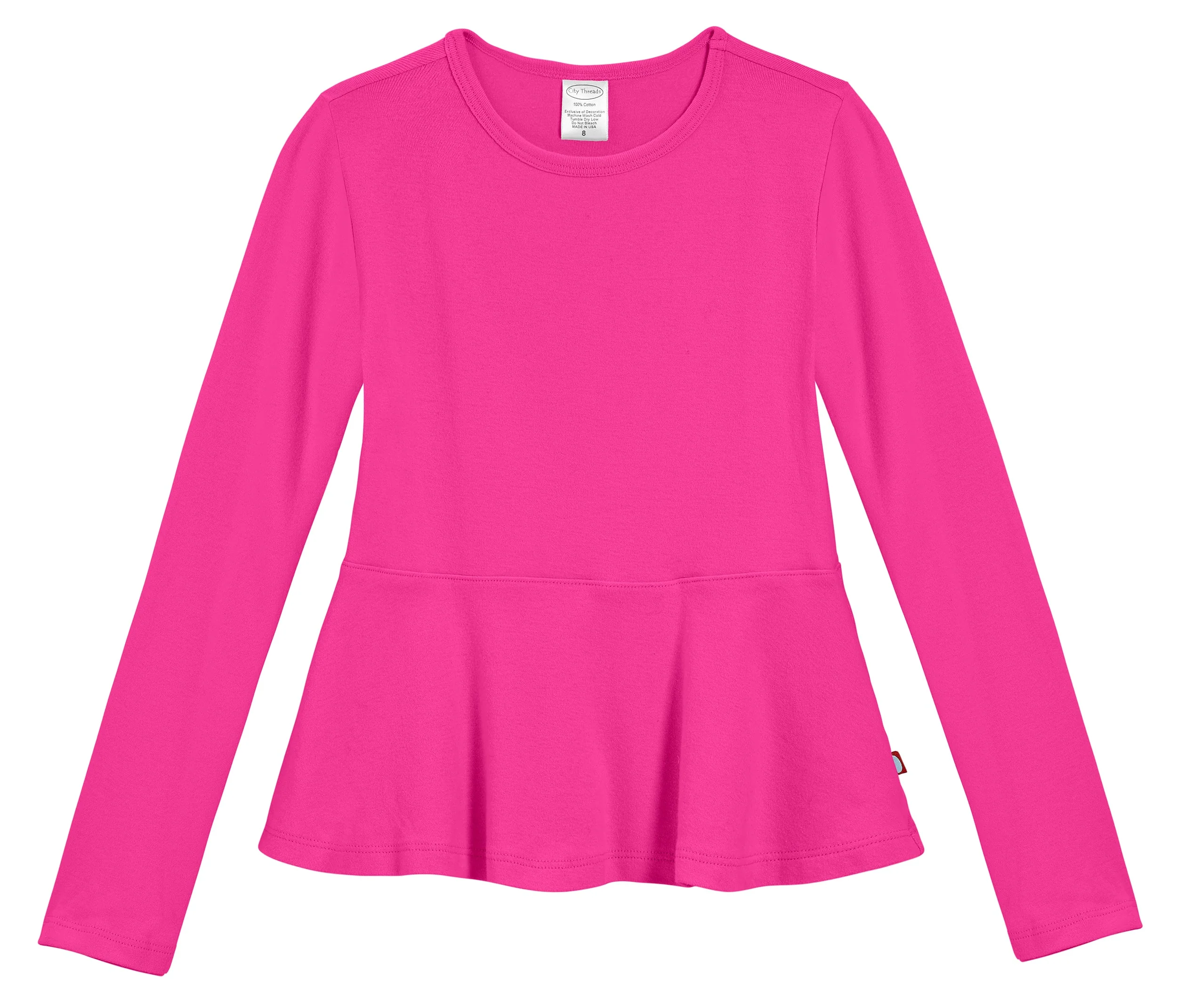 Girls Soft Cotton Long Sleeve Peplum Tee | Hot Pink - Remutear