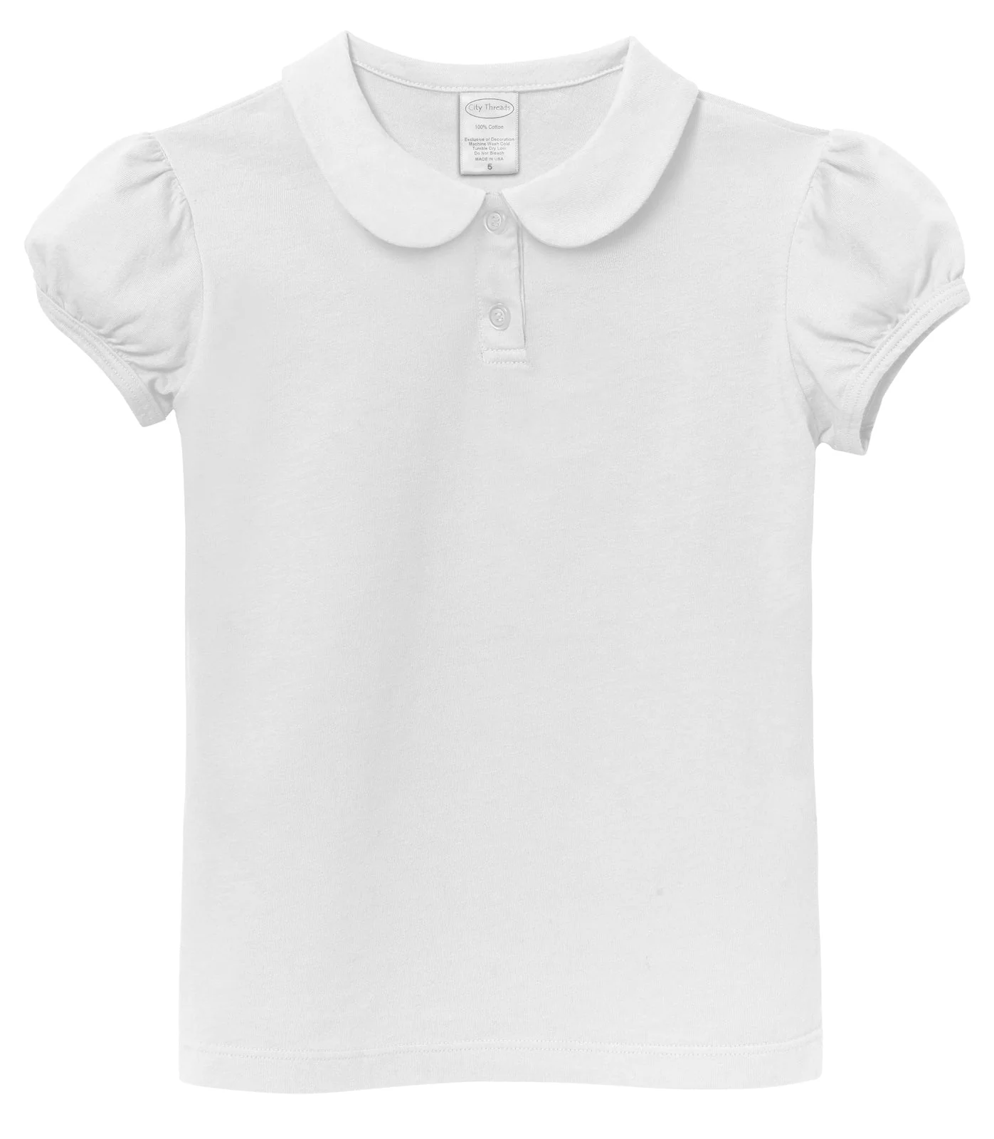 Girls Soft Cotton Jersey Peter Pan Collar Polo Puff Short Sleeve Tee-Seconds | Damage White - Remutear