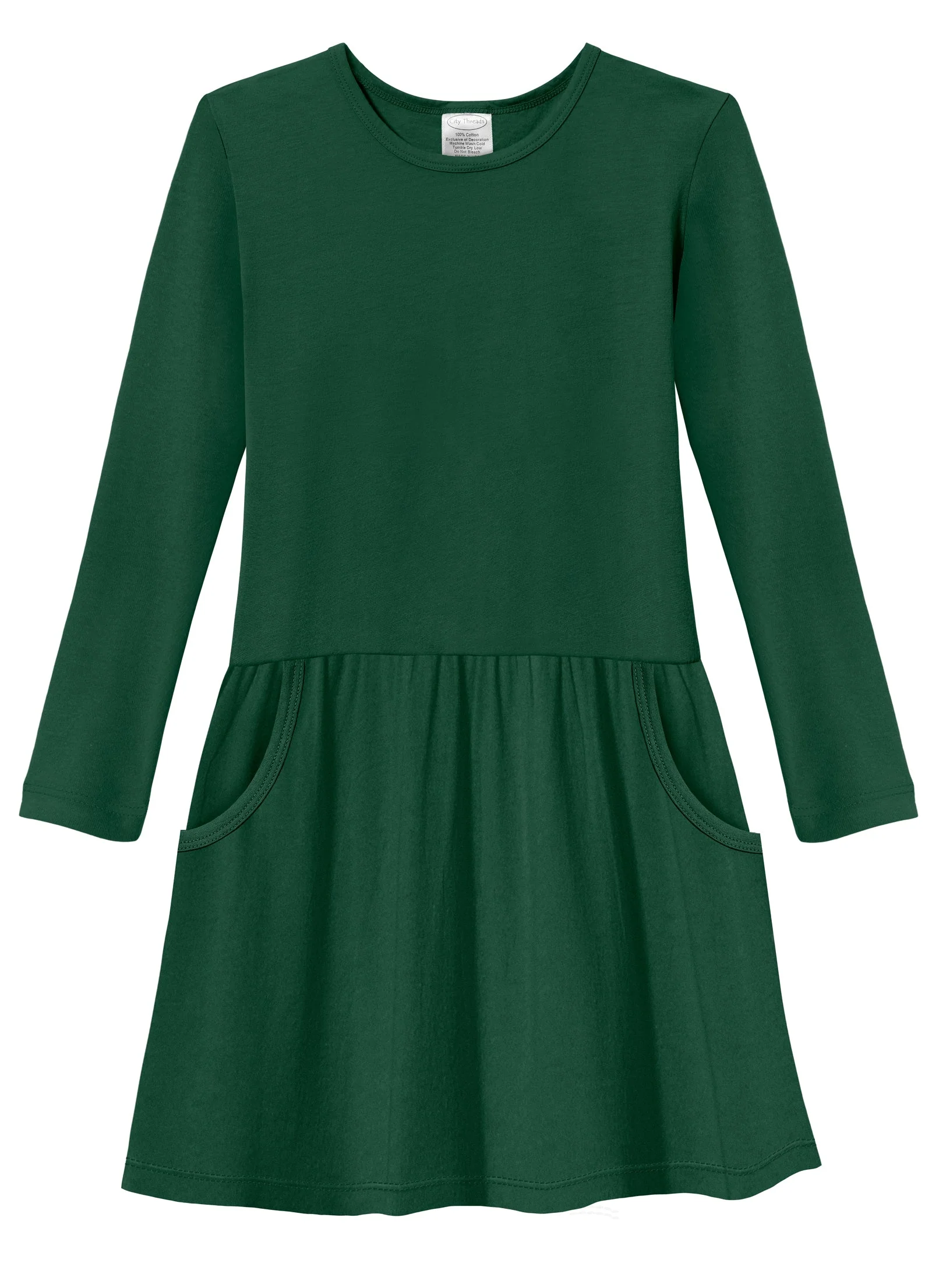 Girls Soft Cotton Jersey Long Sleeve Drop Waist Dress - Remutear