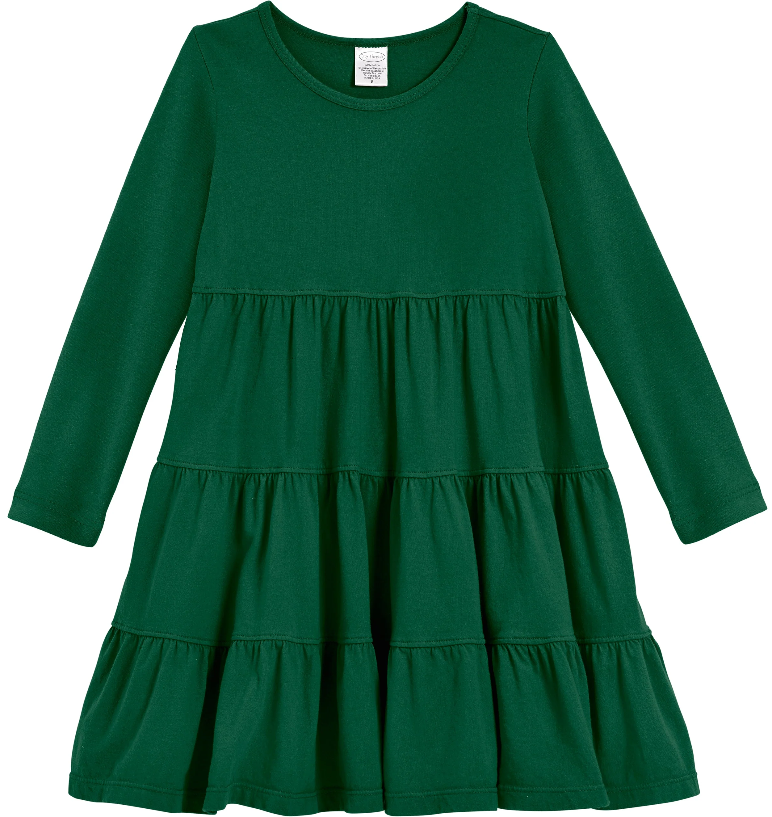 Girls Soft Cotton Jersey Long Sleeve Tiered Dress | Forest Green - Remutear