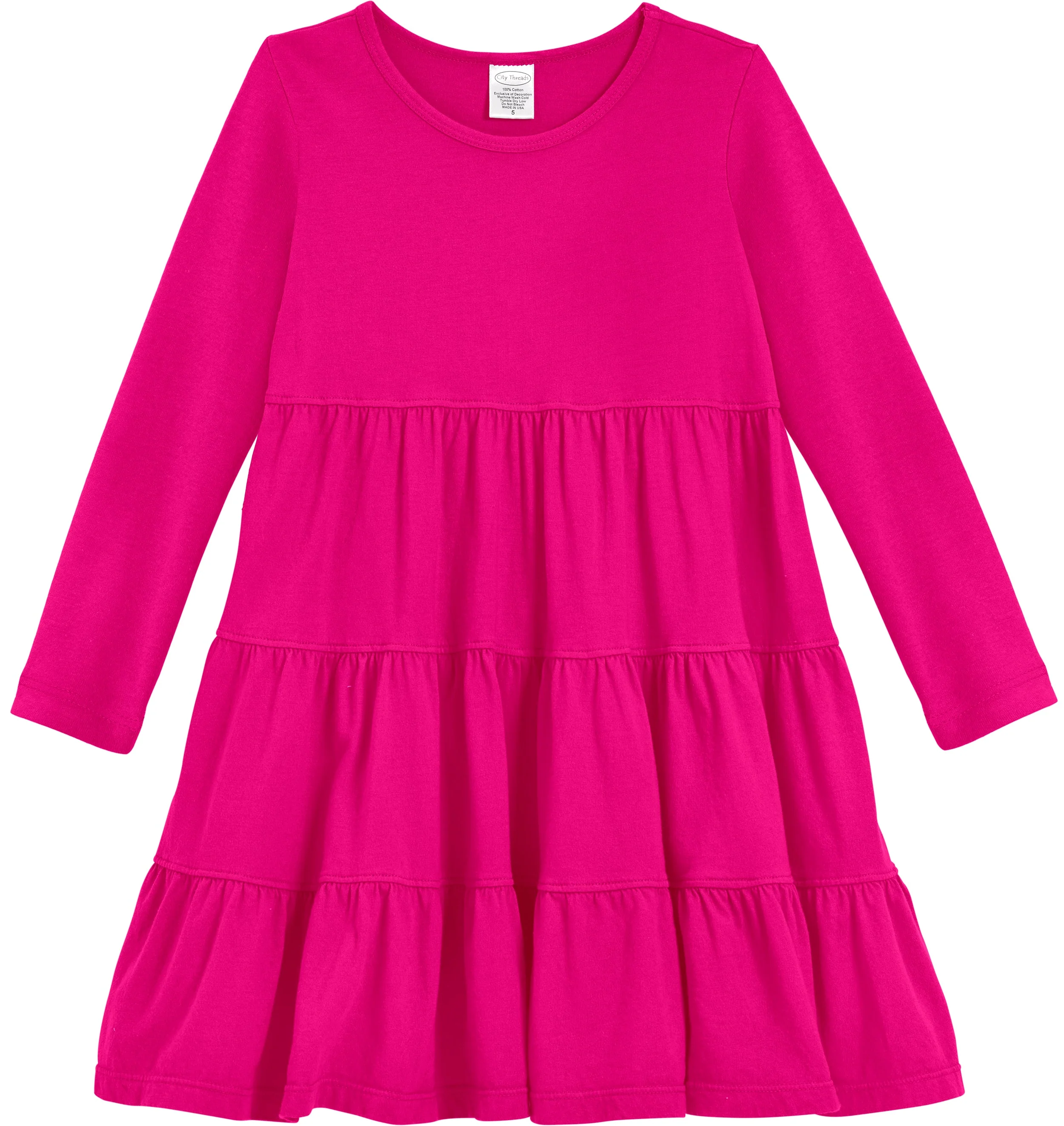 Girls Soft Cotton Jersey Long Sleeve Tiered Dress | Hot Pink - Remutear