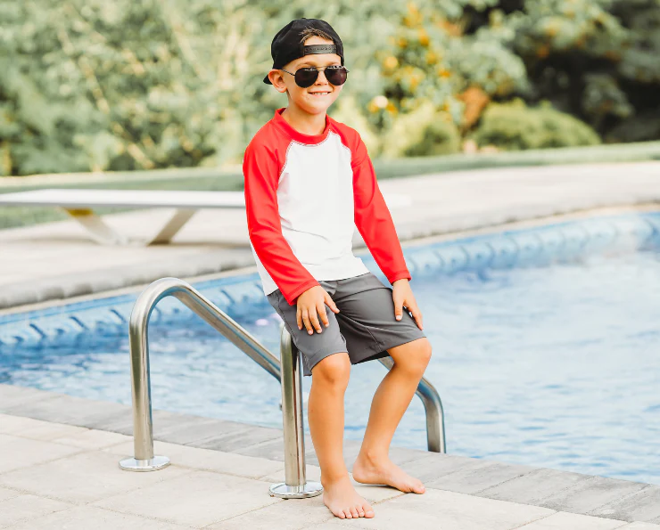 Boys UPF 50+ Soft Stretch Below the Knee Swim Board Shorts | Red - Remutear